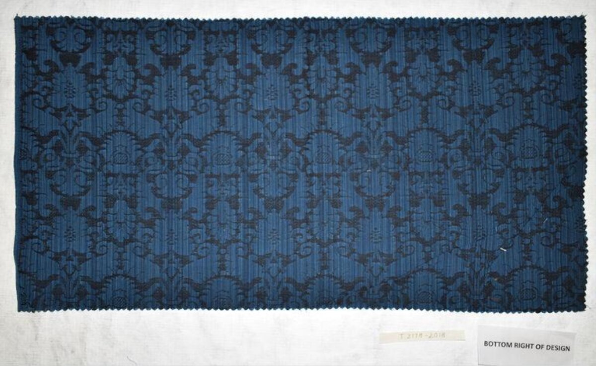 Blue Damask Patterned Fabric Swatch