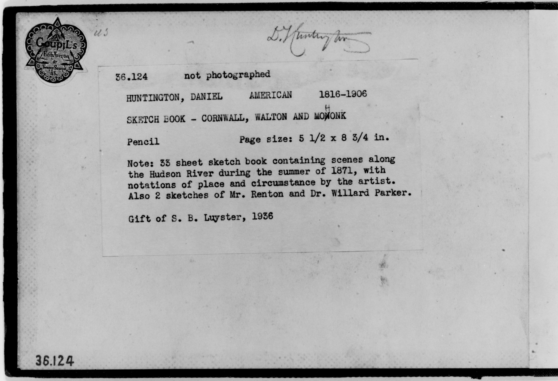 Daniel Huntington Sketchbook Catalog Card