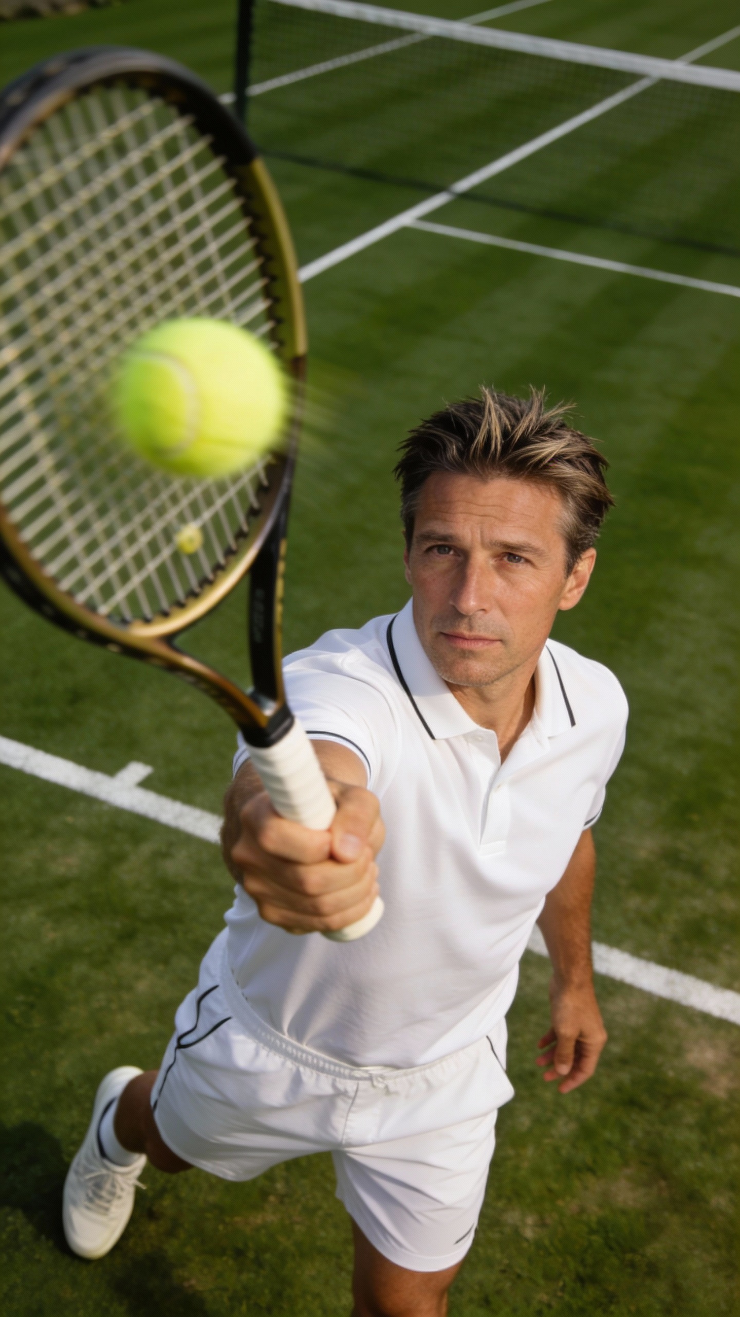 Tennis Player Hitting Ball on Grass Court