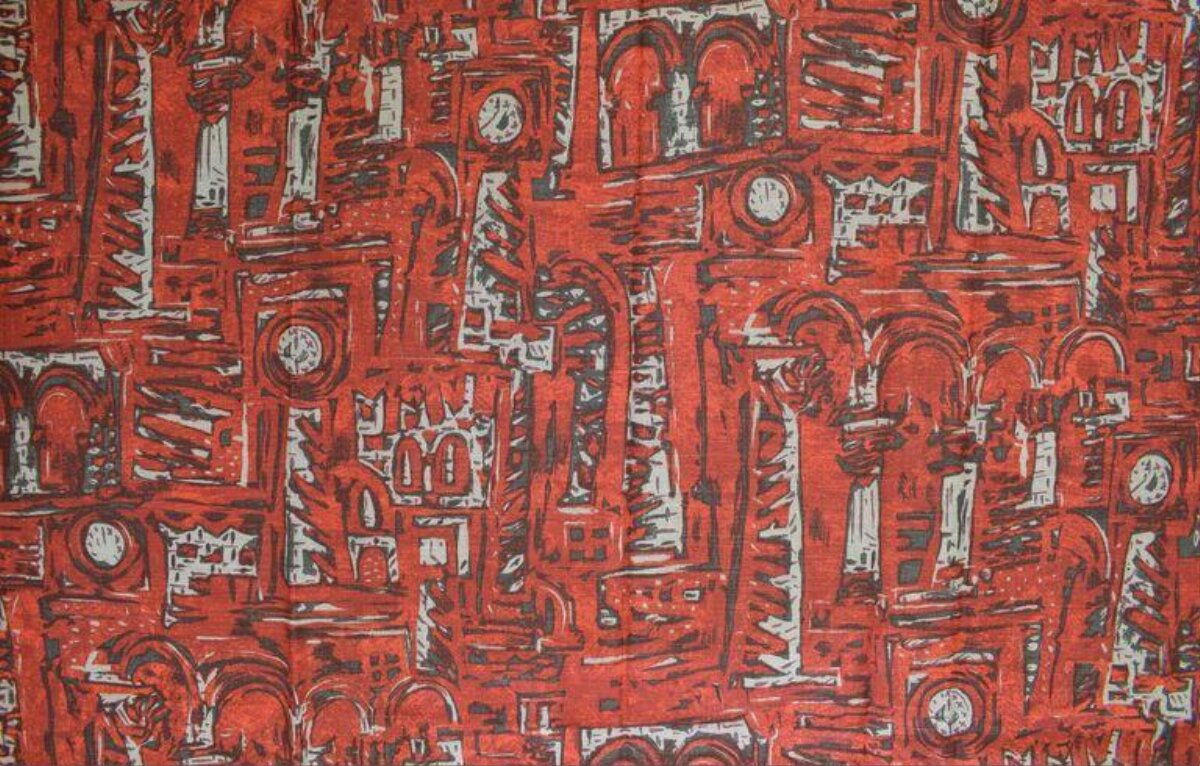 Red Architectural Cityscape Fabric Print