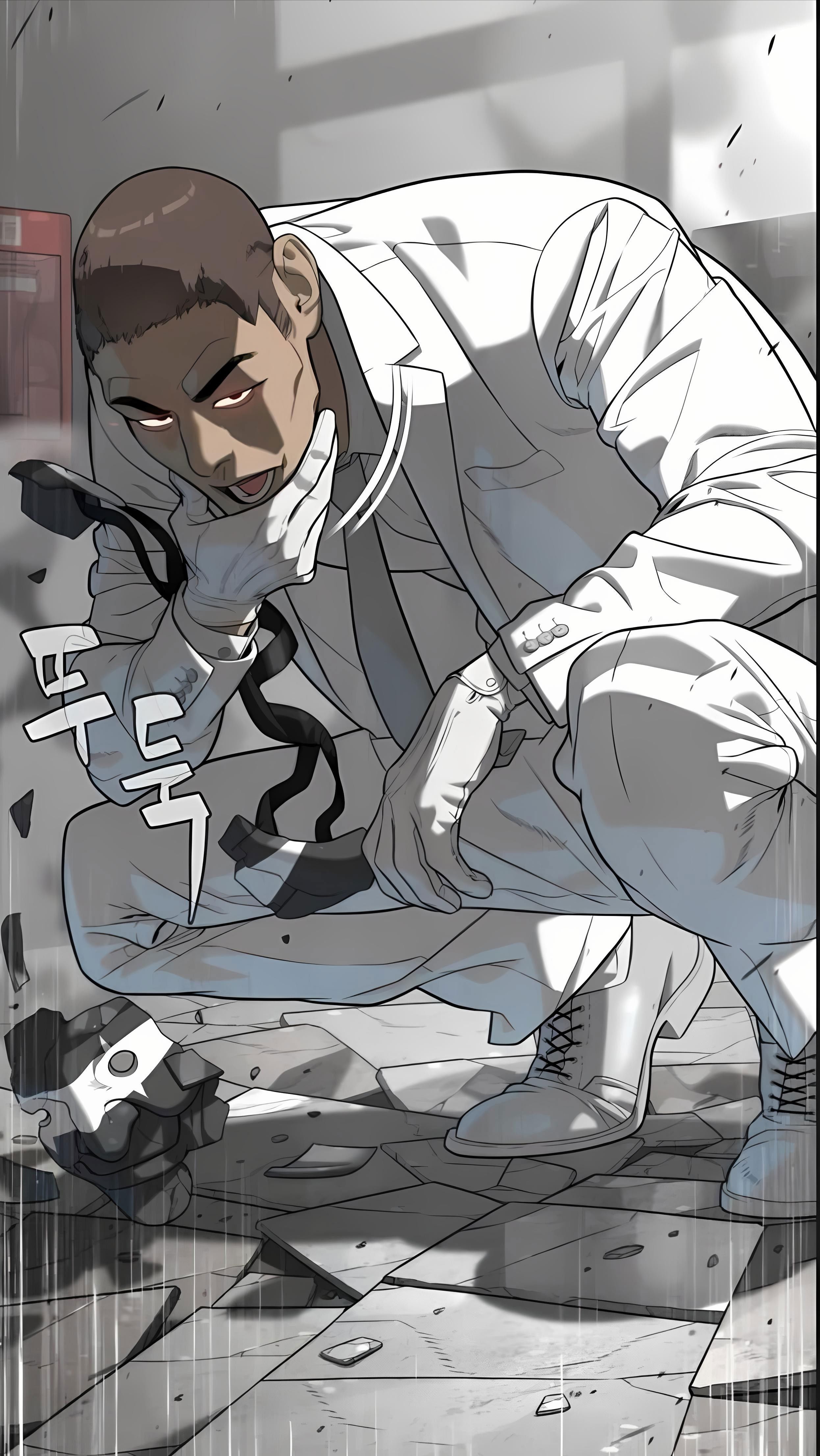 Man in White Suit Crouching on Broken Floor