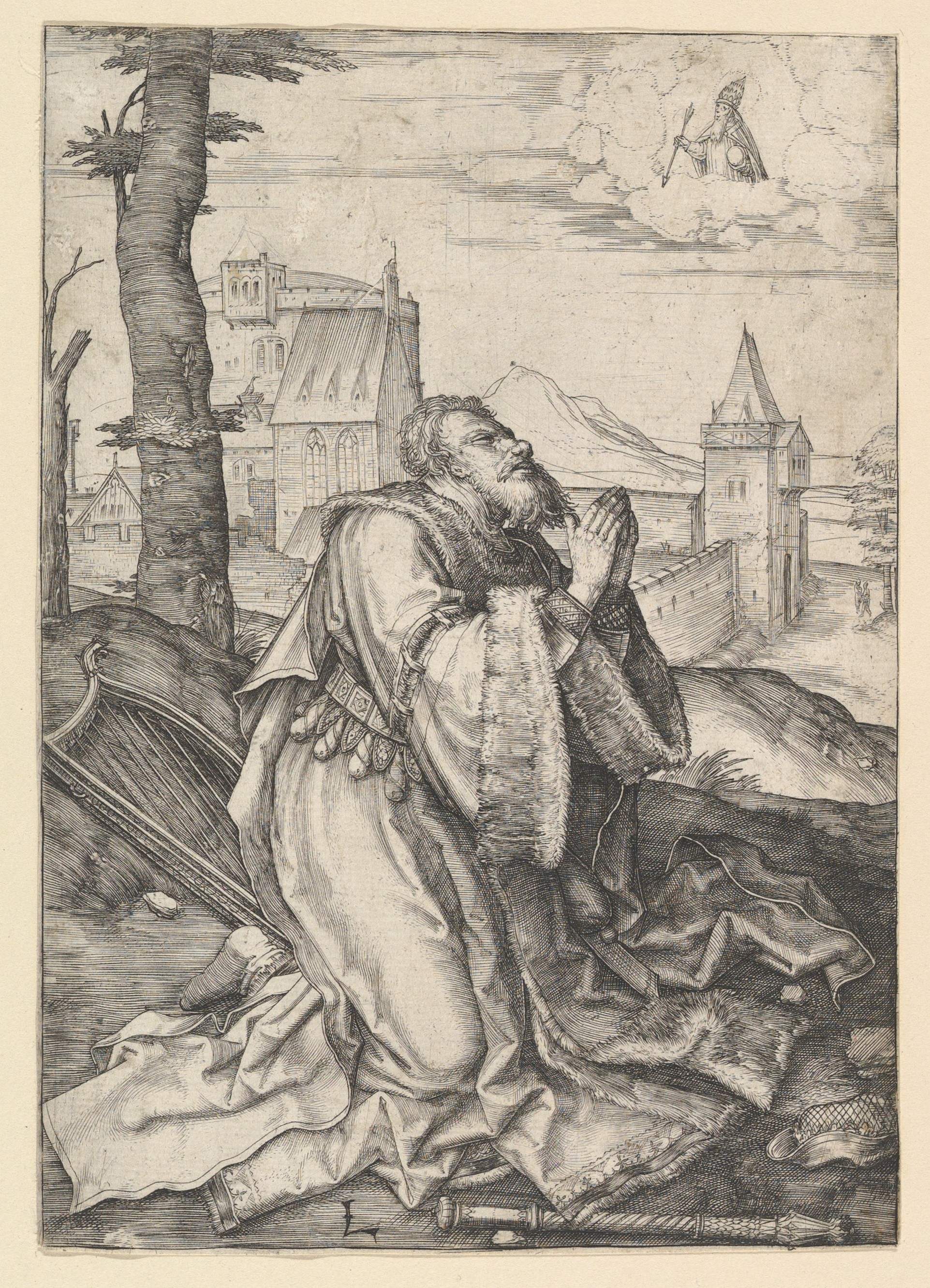 Praying King Antique Engraving