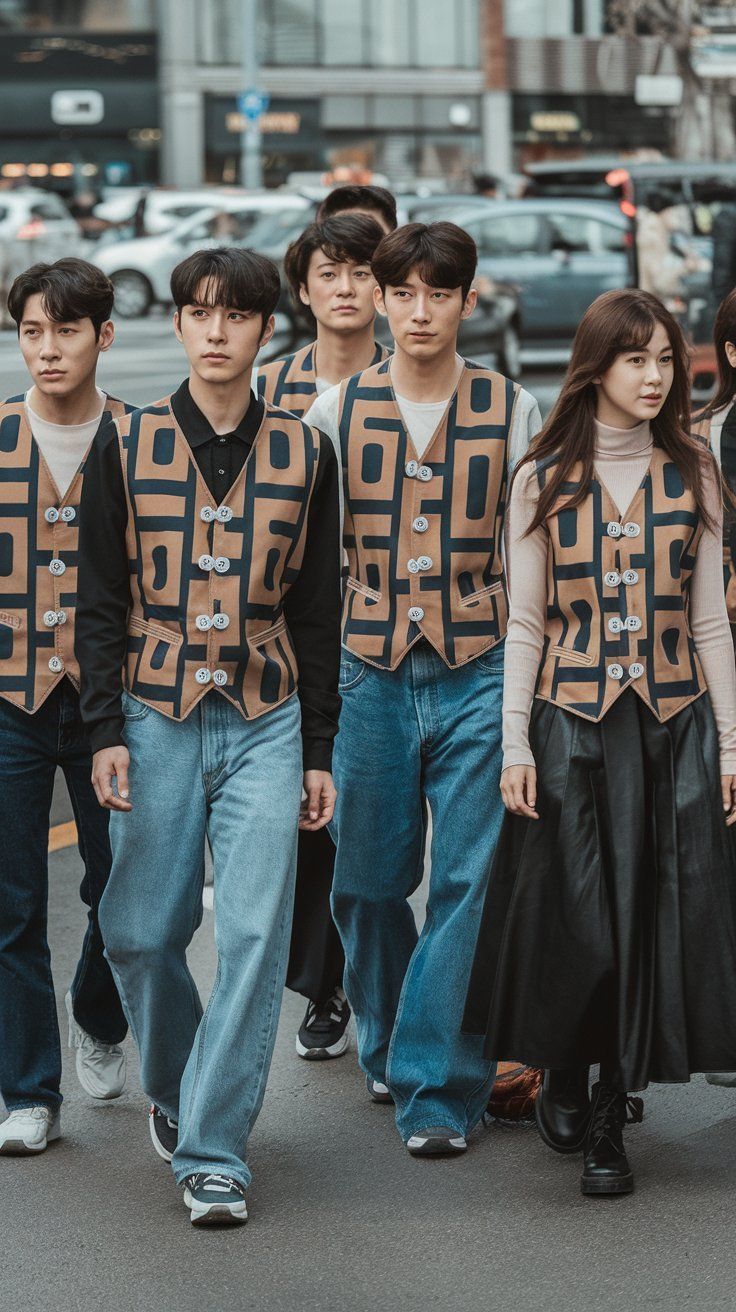 Group With Matching Vests on City Street