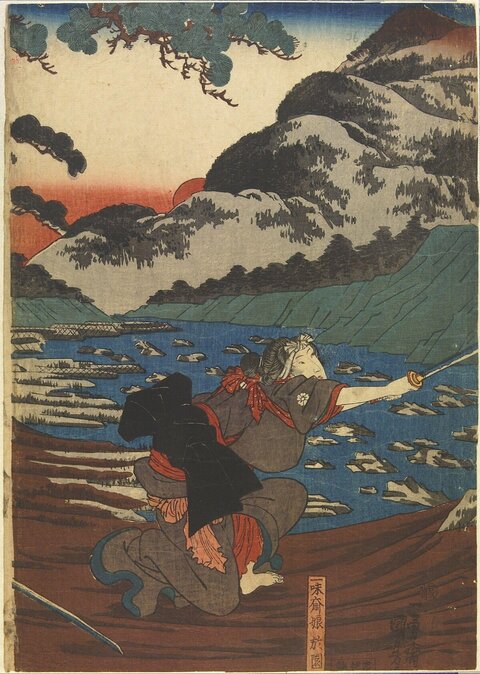 Japanese Ukiyo-e Female Swordsman Scene