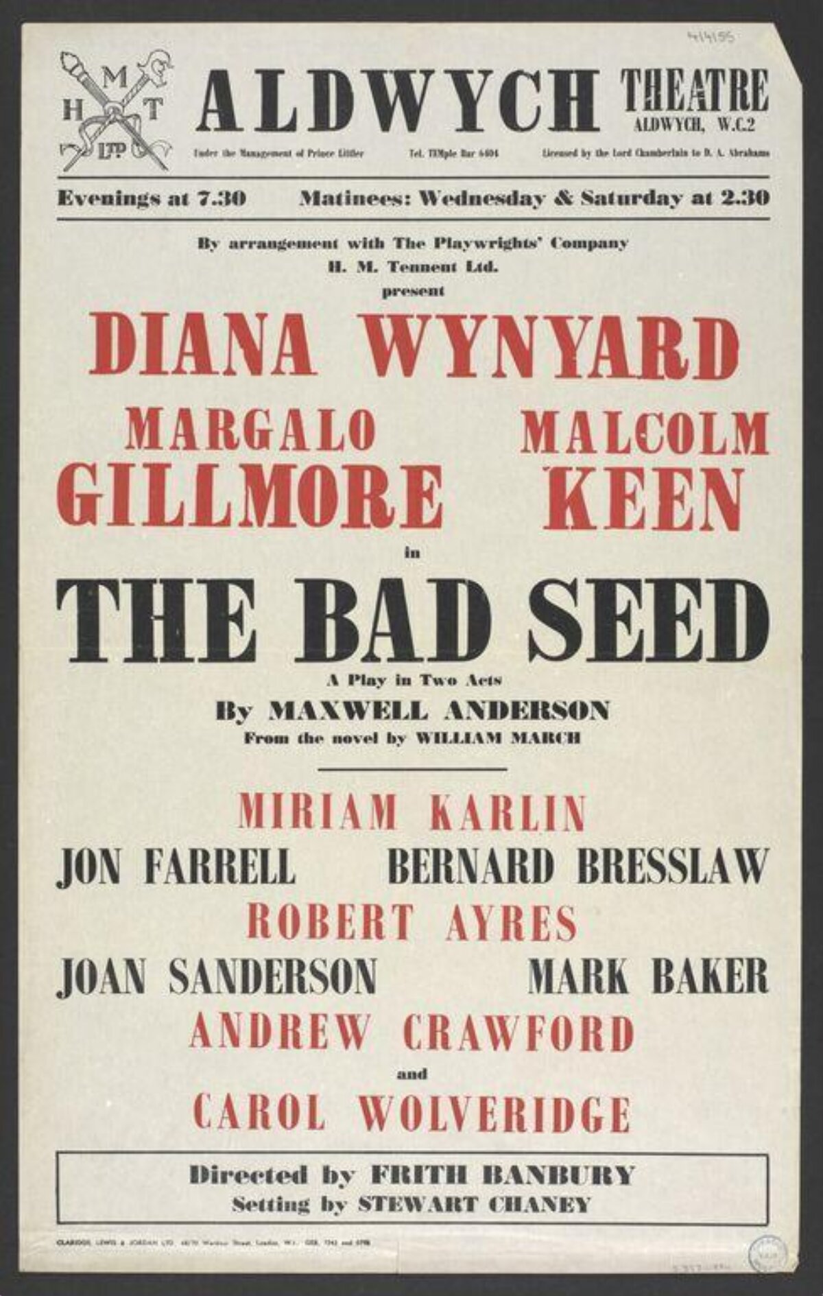 Aldwych Theatre The Bad Seed Play Poster