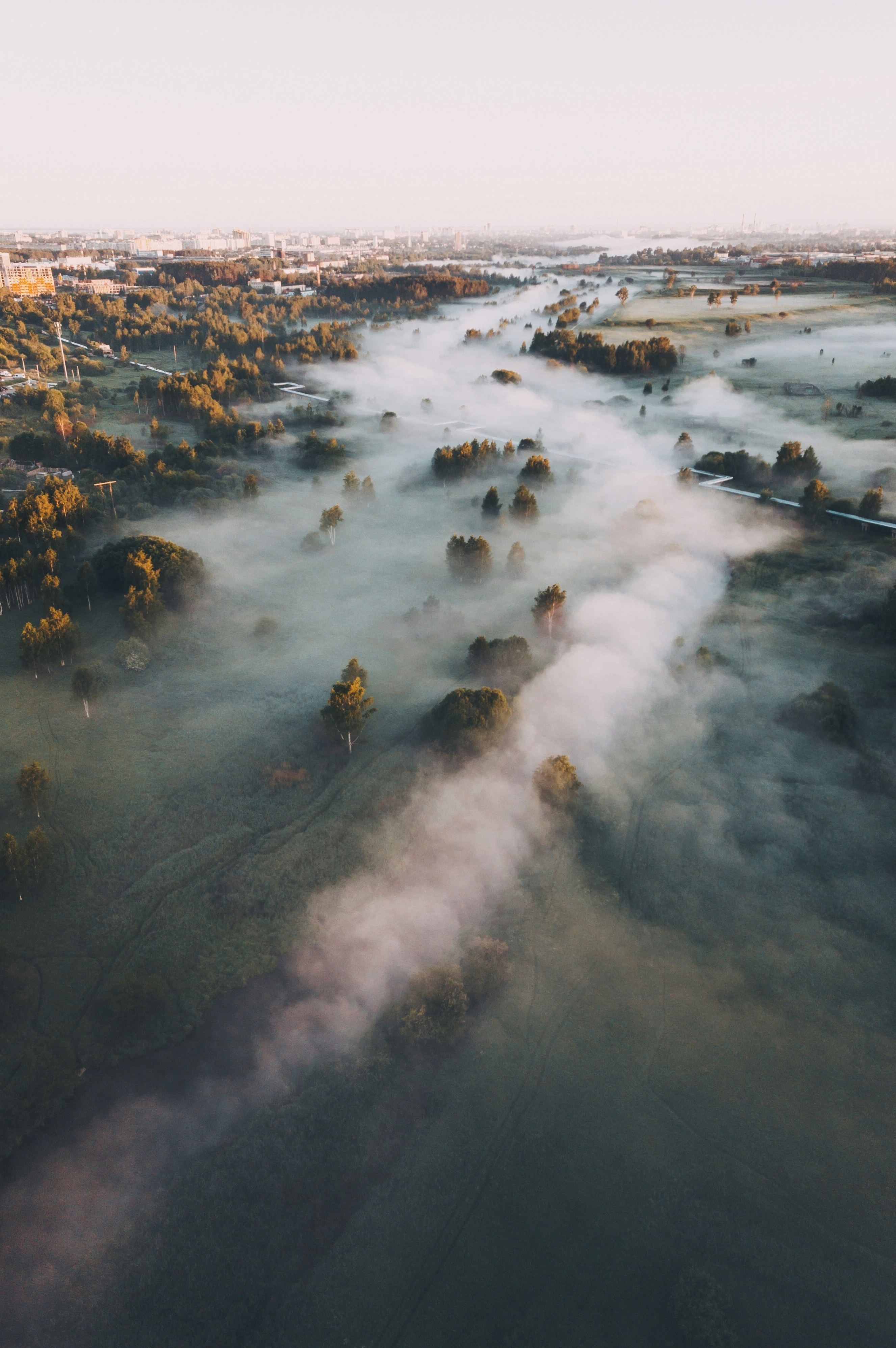 Misty Morning River Aerial View