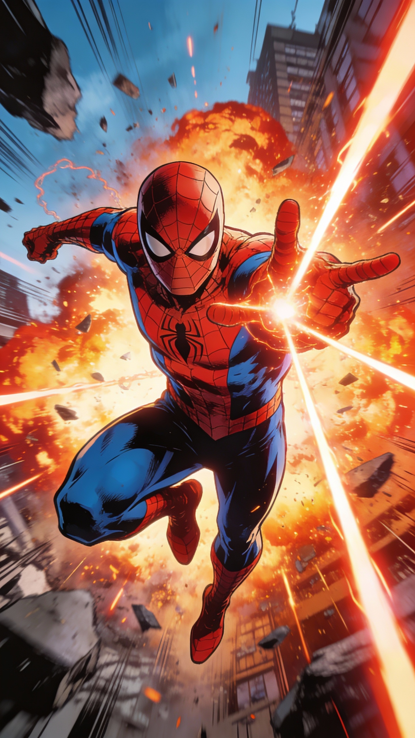 Spider-Man Amid City Explosion