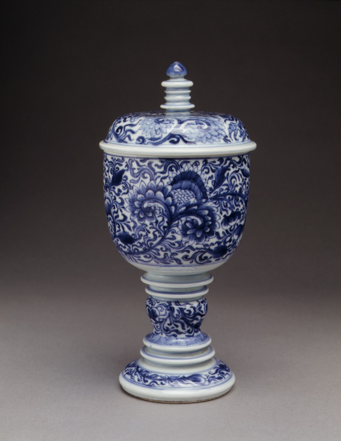 Blue and White High Stem Covered Cup