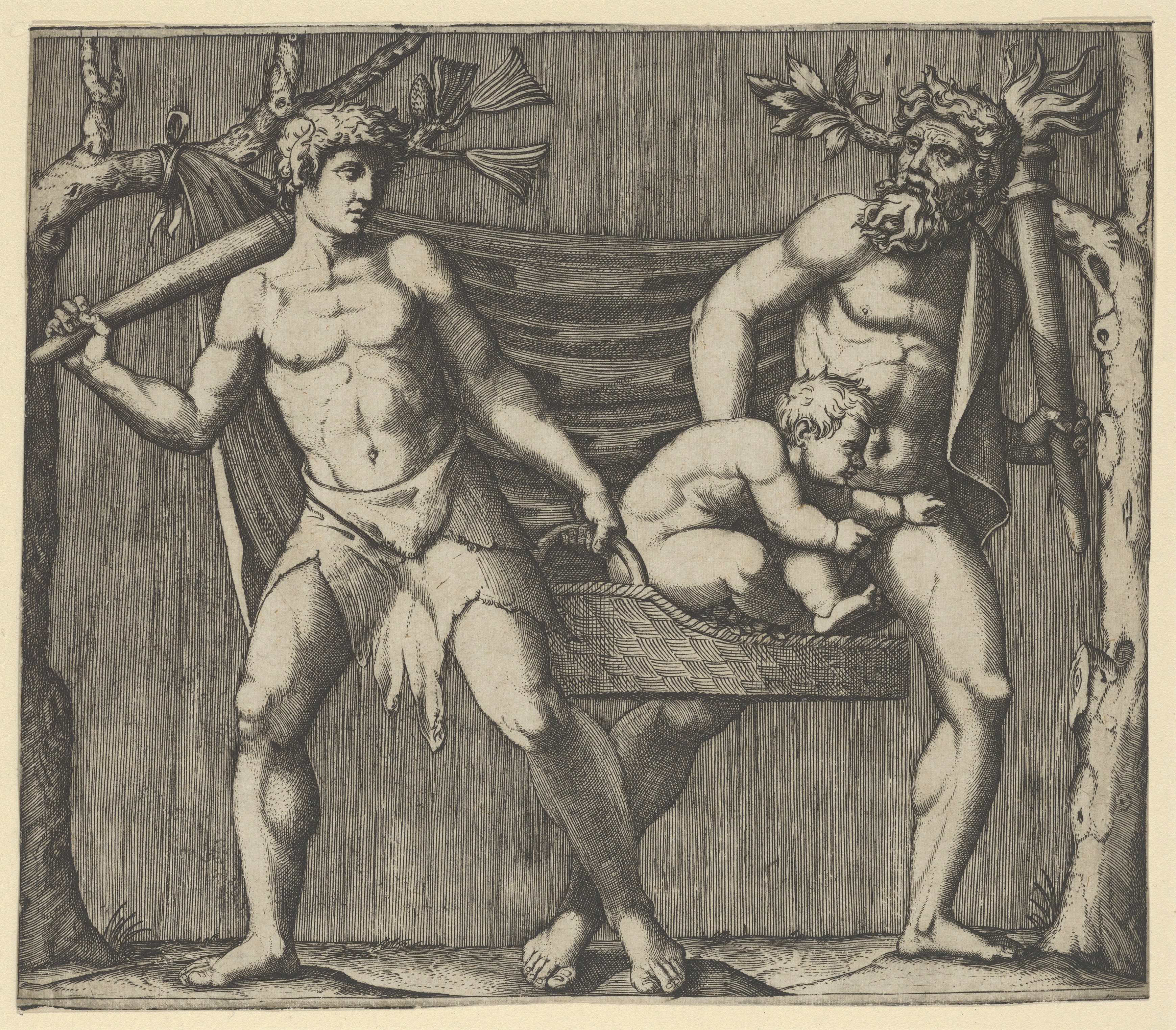 Engraving of Two Men Carrying an Infant