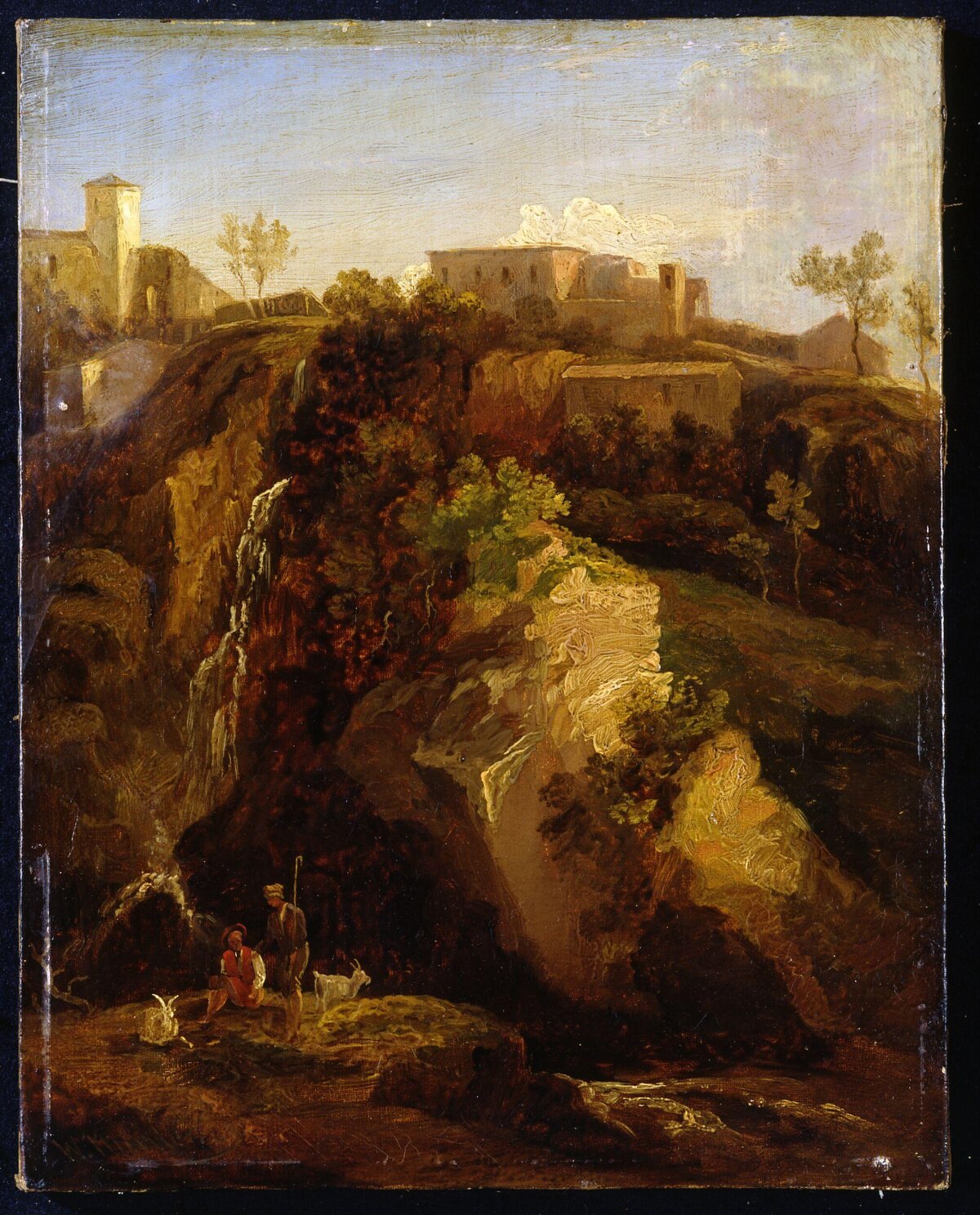 Rocky Landscape with Waterfall and Herdsmen