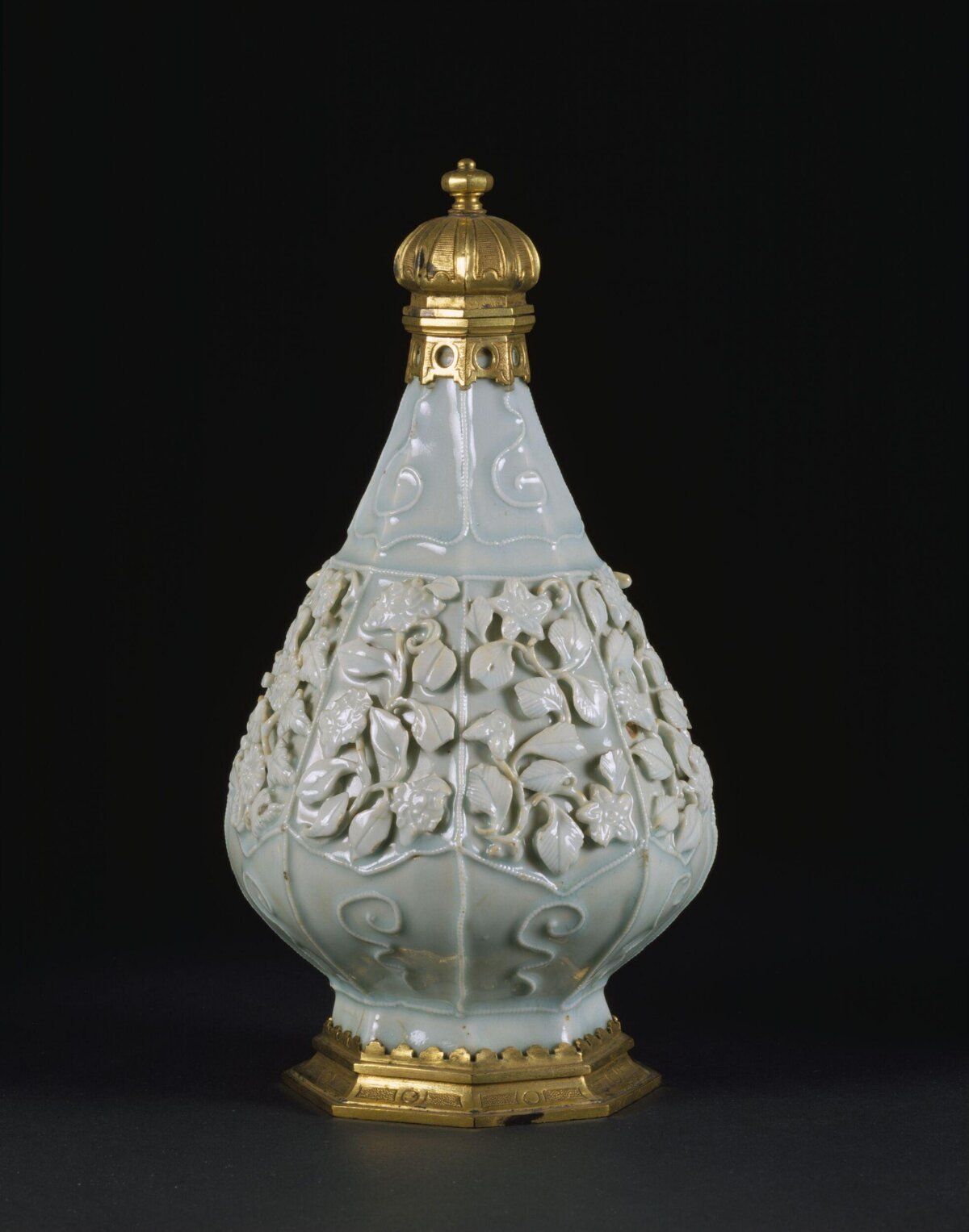 Carved Celadon Vase with Gilt Mounts