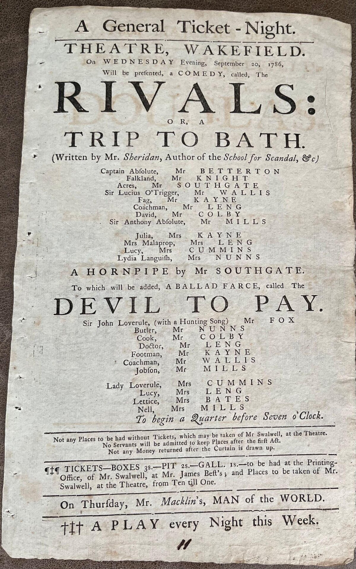 1786 Wakefield Theatre Playbill