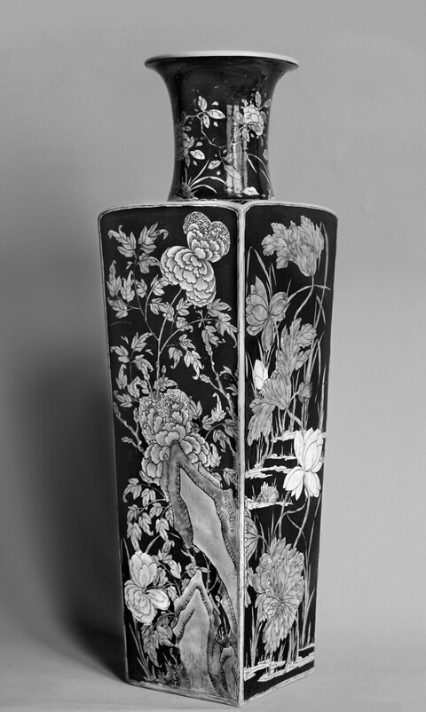 Black Floral Painted Square Porcelain Vase