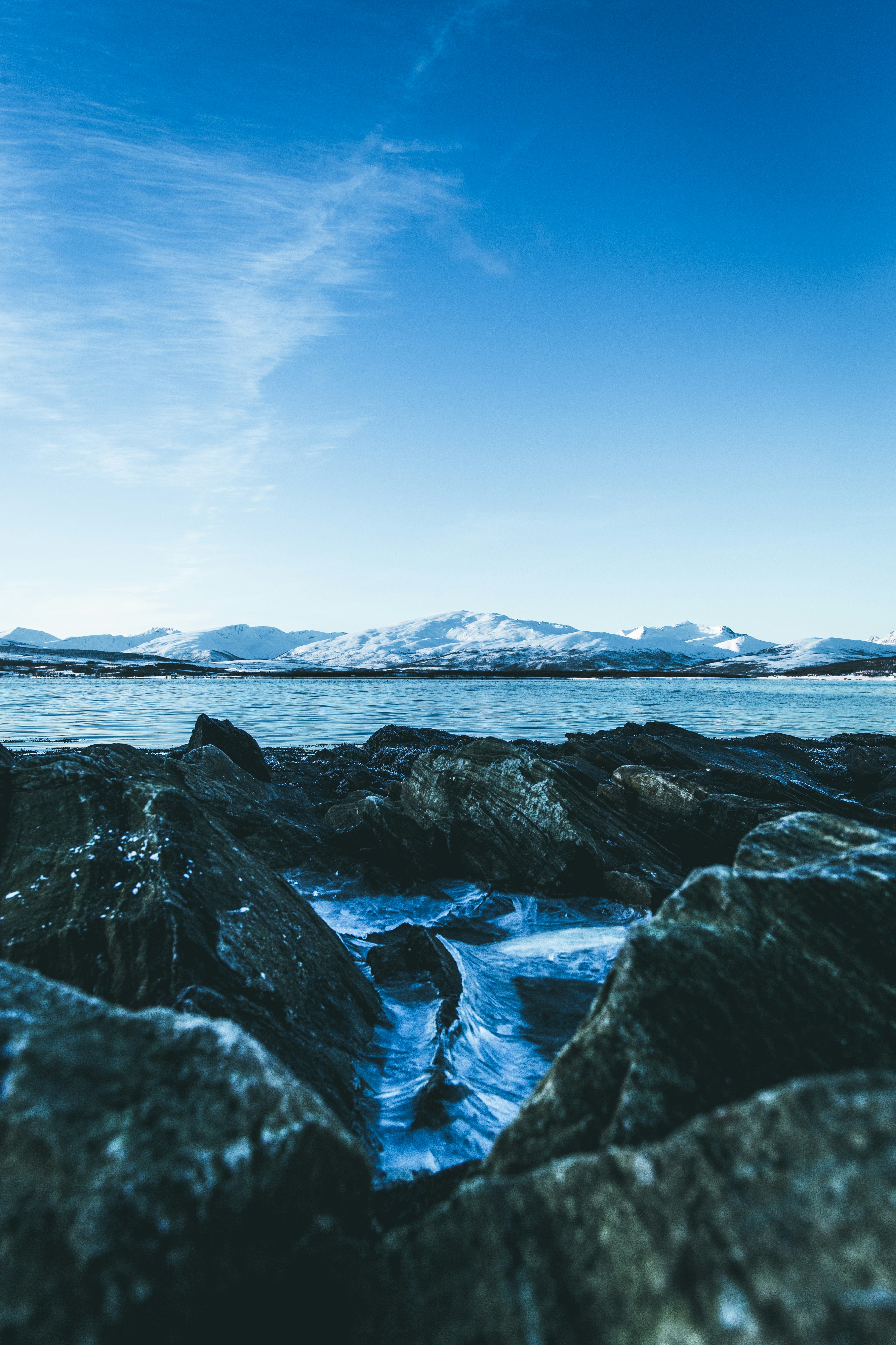 Rocky Shore Snow Mountain Landscape