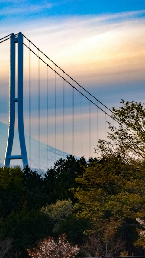 Suspension Bridge and Snow Mountain at Sunset