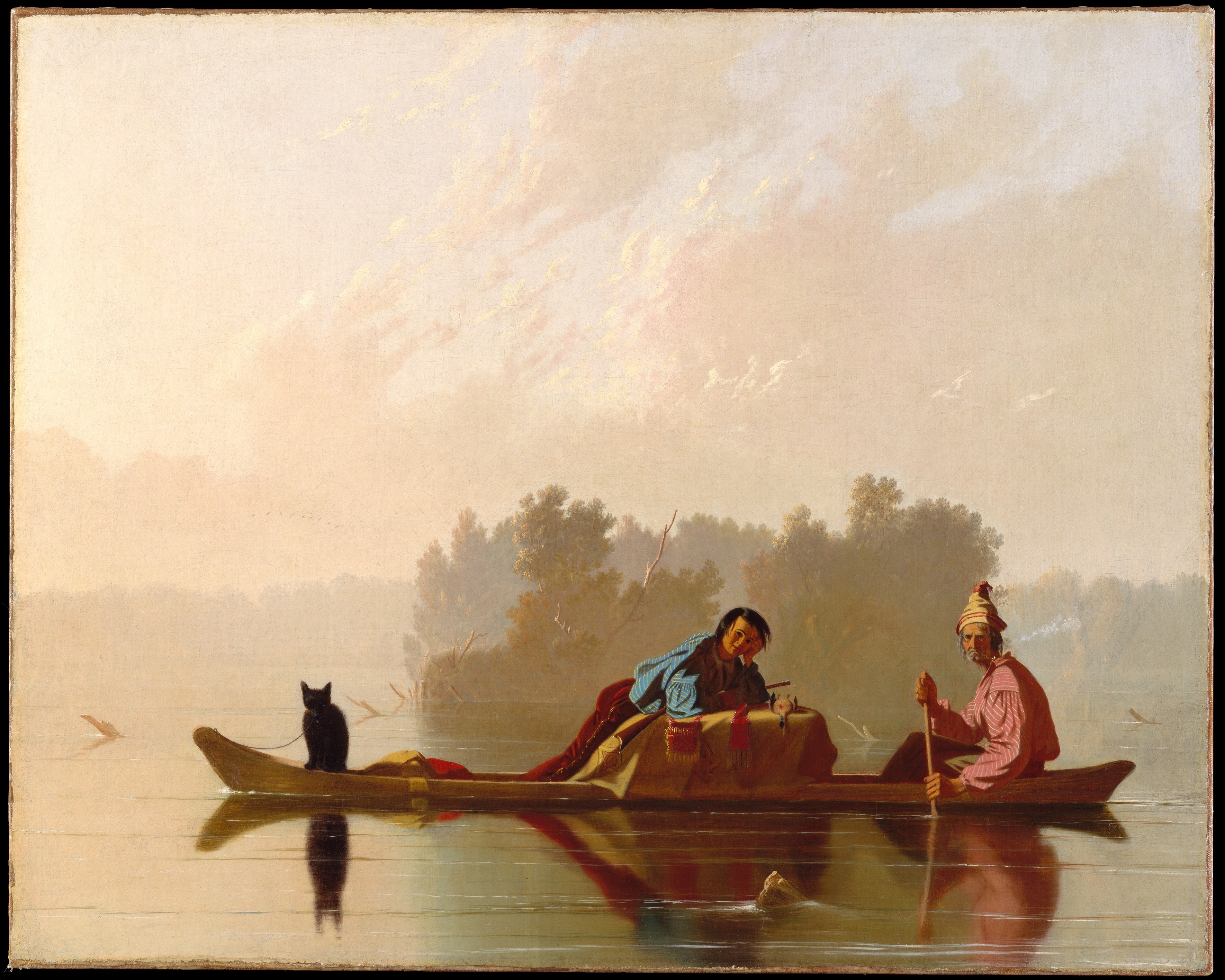 Two People in Canoe on Misty River