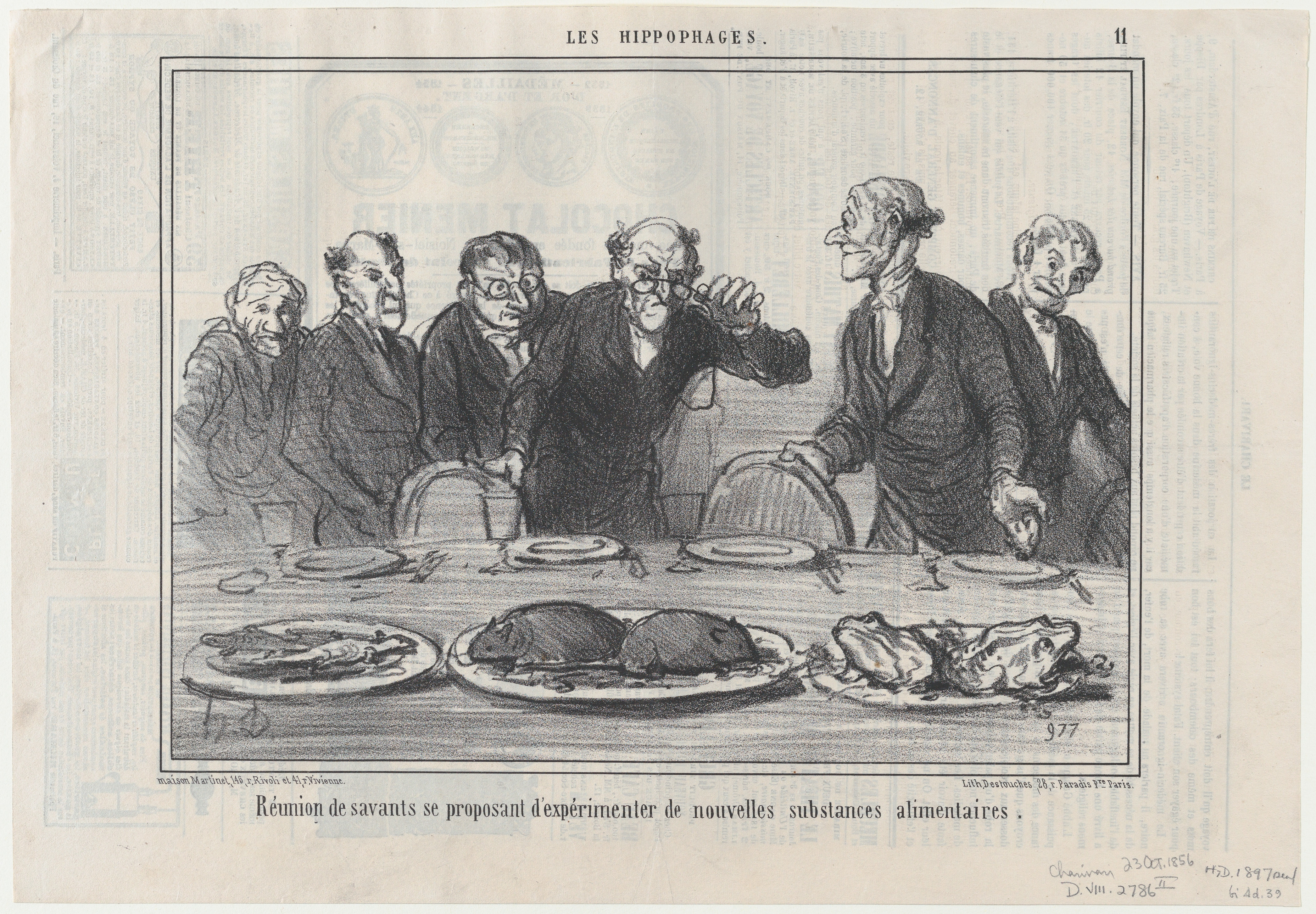 19th Century French Caricature of Scientists Testing New Food