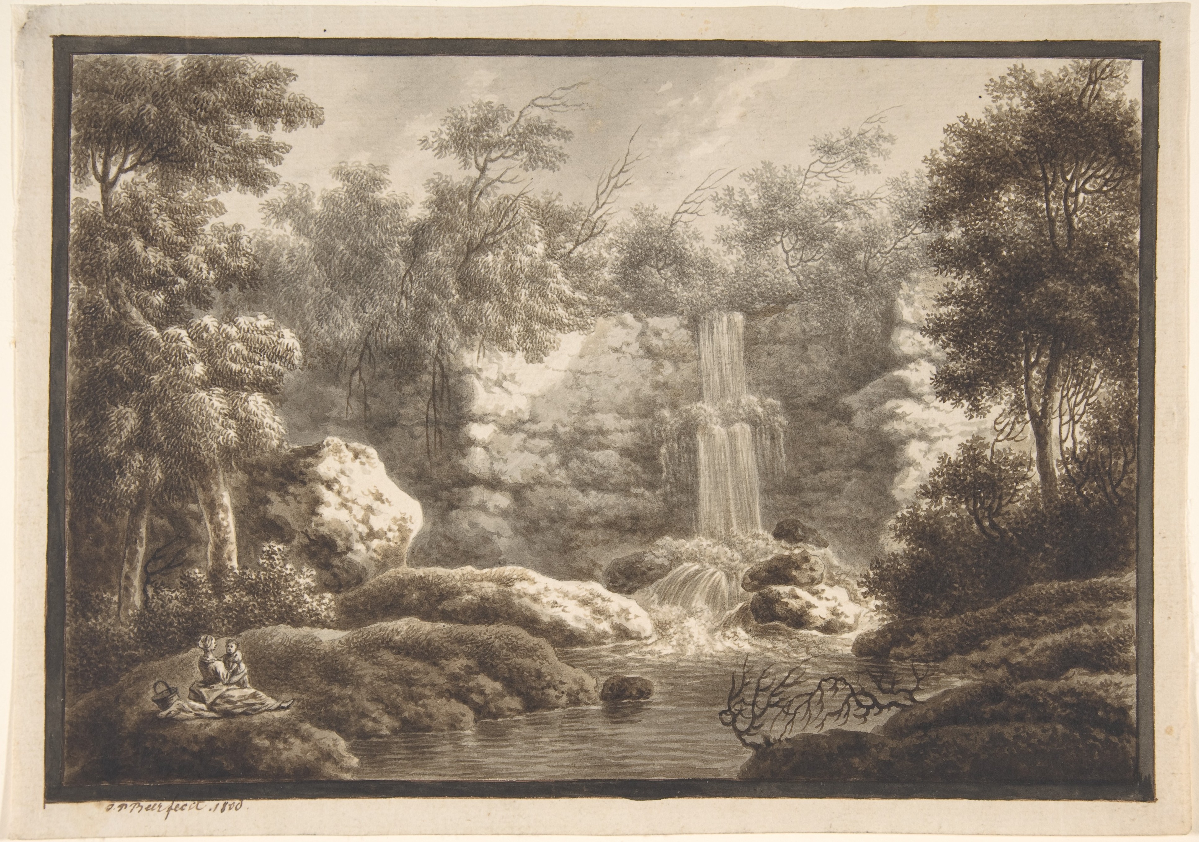 Woodland Waterfall Landscape Drawing
