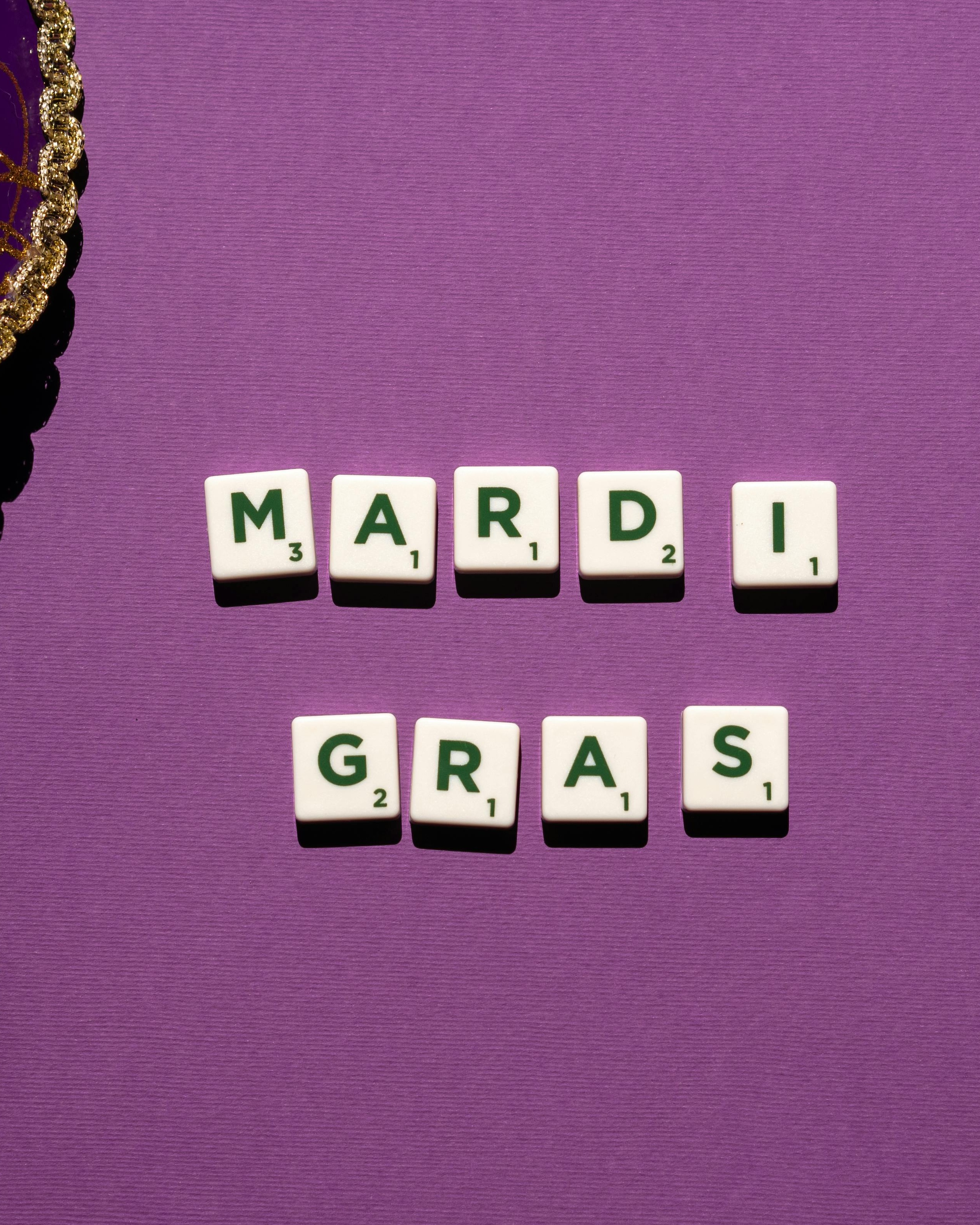 Mardi Gras Spelled with Scrabble Tiles