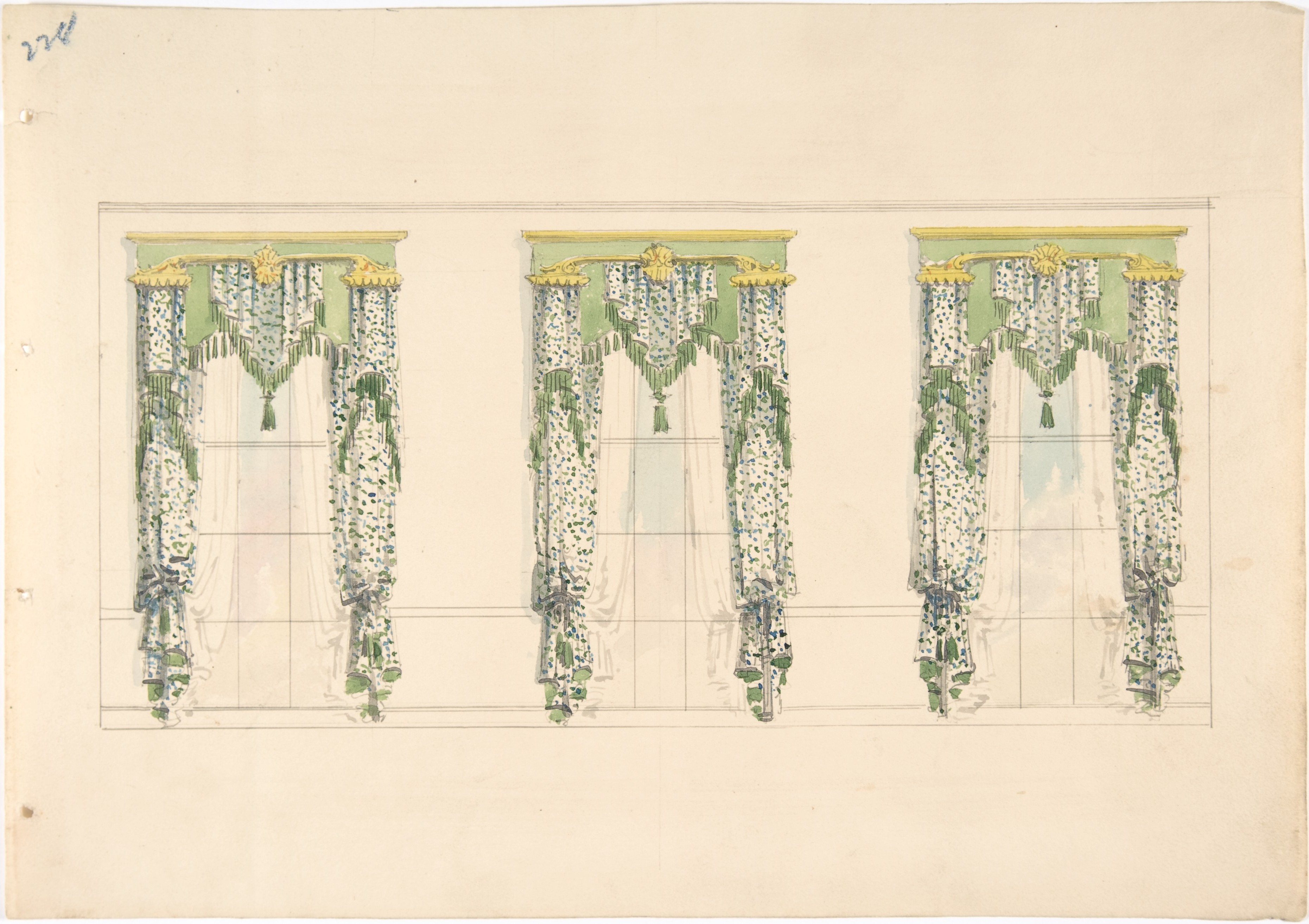 Watercolor Sketch of Three Window Curtain Designs