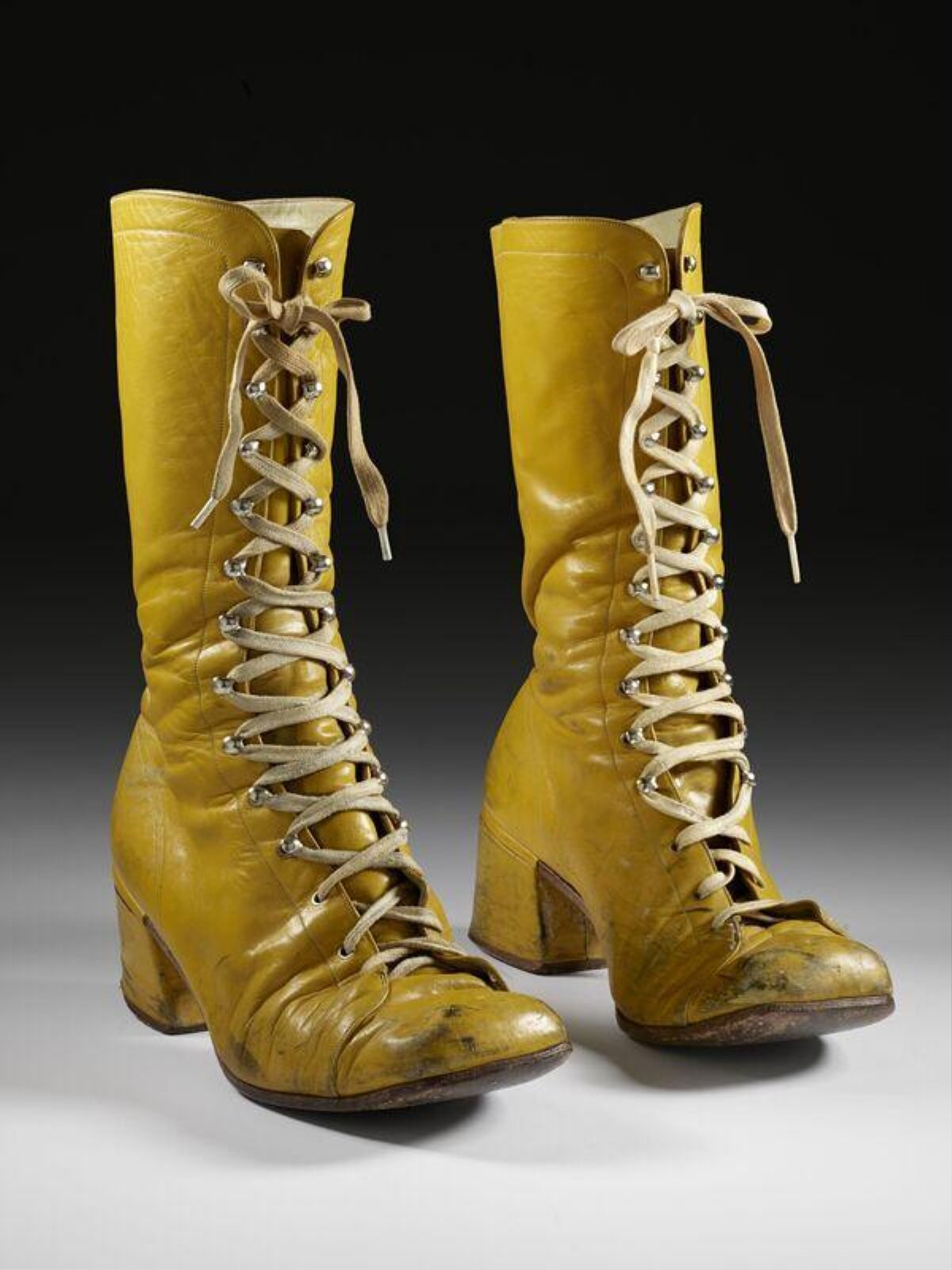 Vintage Yellow Lace-up Leather Boots