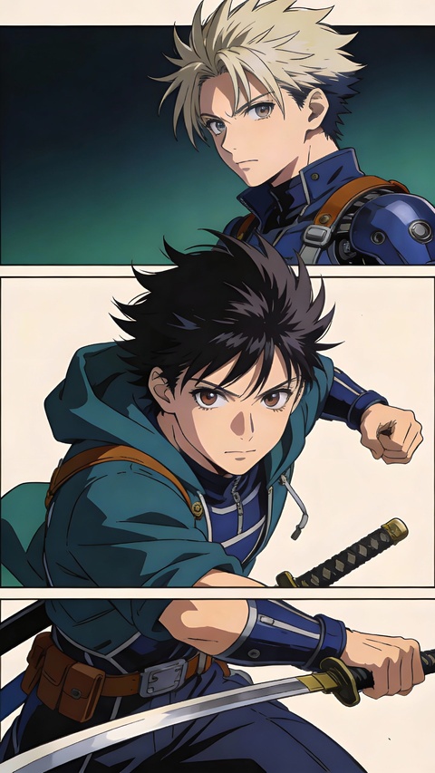 Two Anime Warriors in Comic Panels