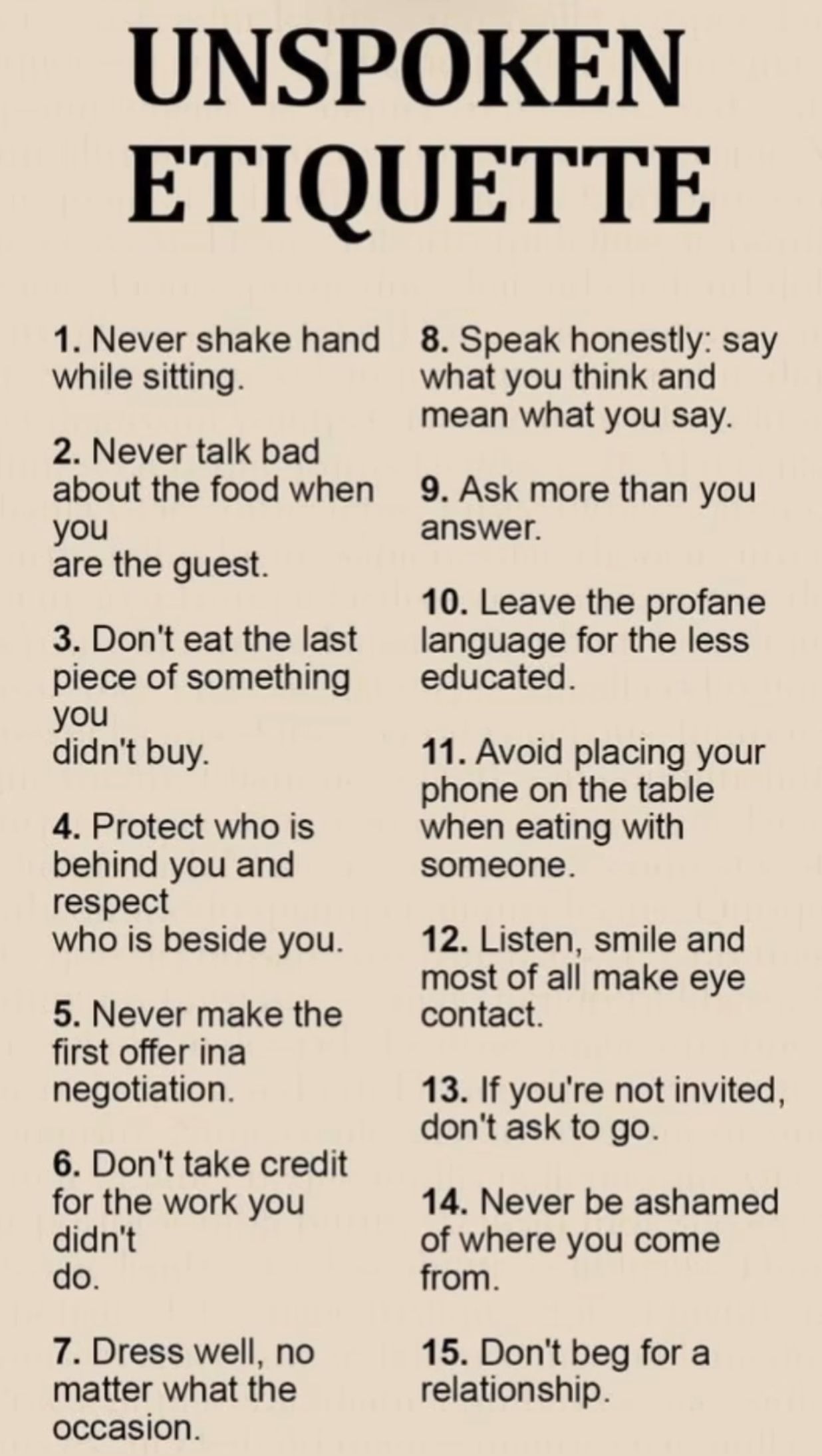 Unspoken Etiquette Rules List