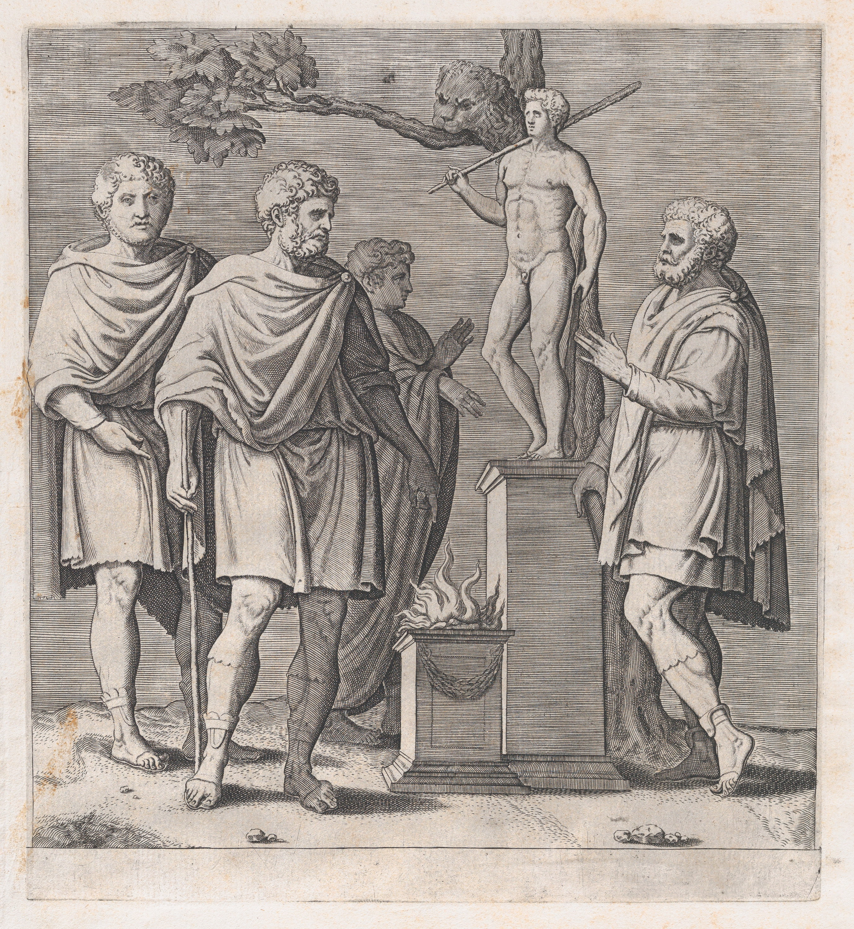Engraving of Ritual Before Hercules Statue