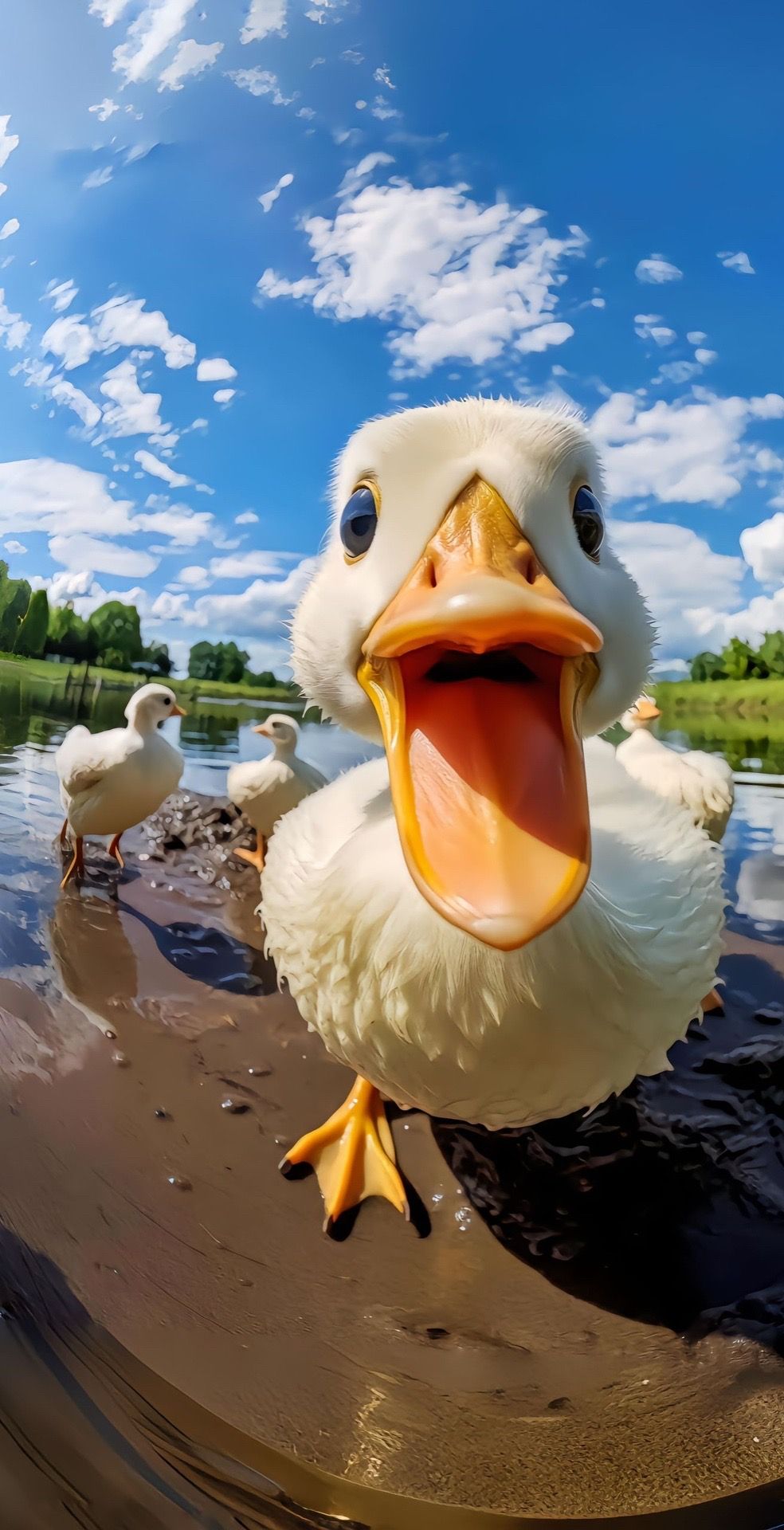 Surprised White Duck at Pond Edge