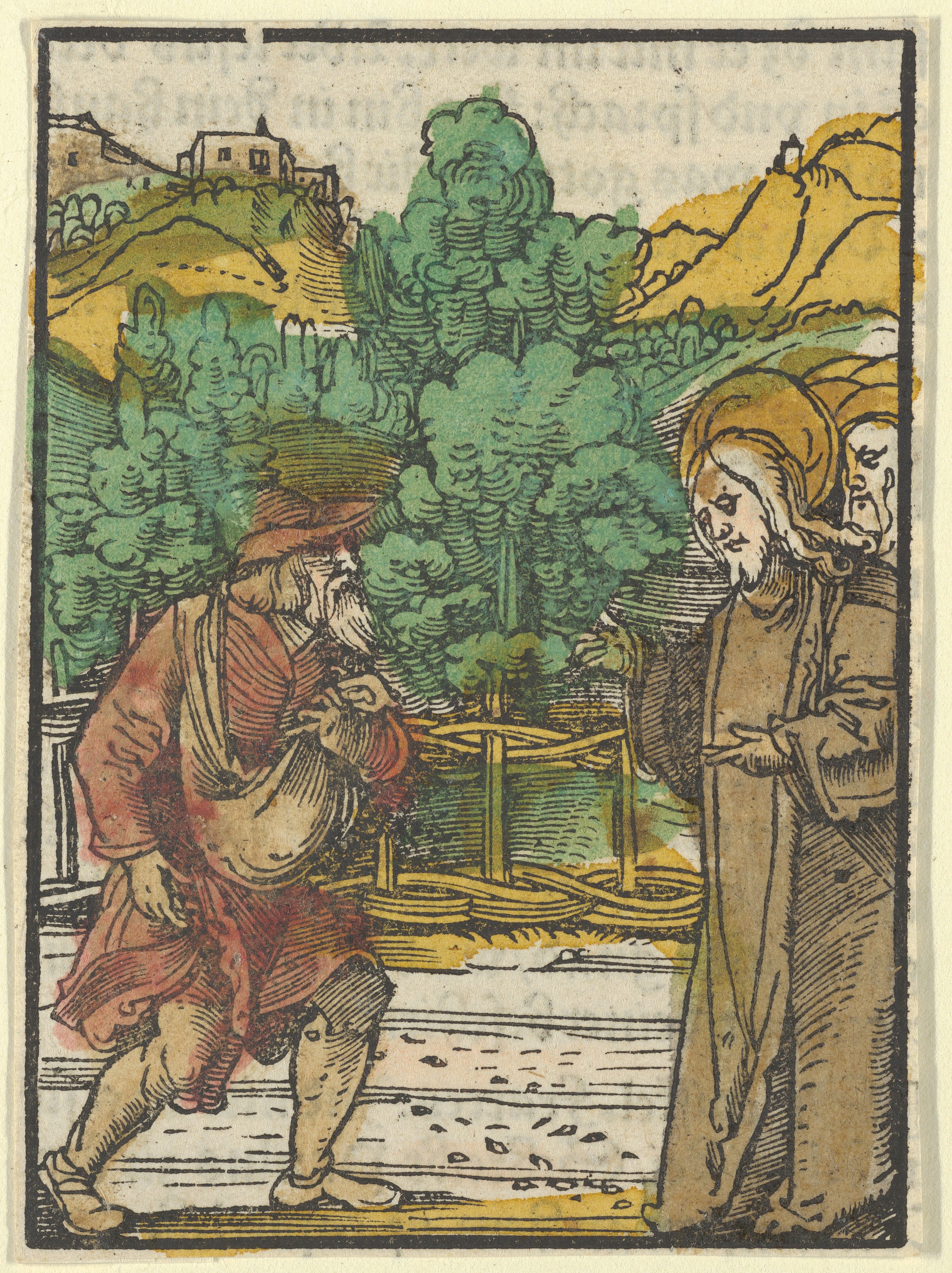 Hand-colored Woodcut of Christ and a Traveler
