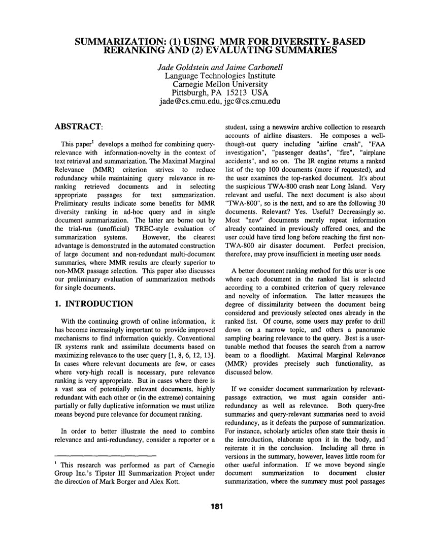 Summarization: (1) Using MMR for Diversity- Based Reranking and (2) Evaluating Summaries