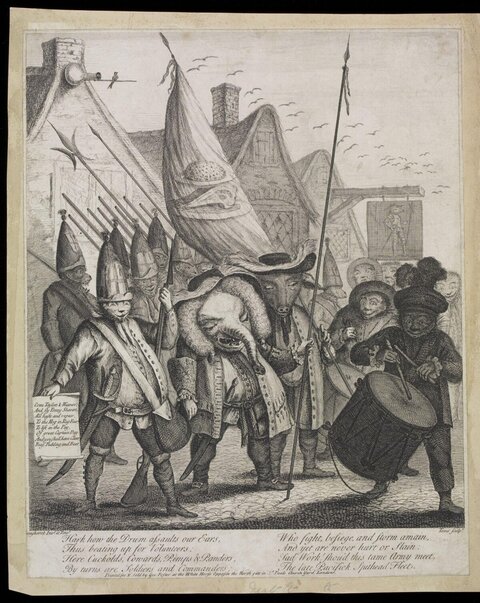 Satirical Etching of Animal-Headed Volunteers