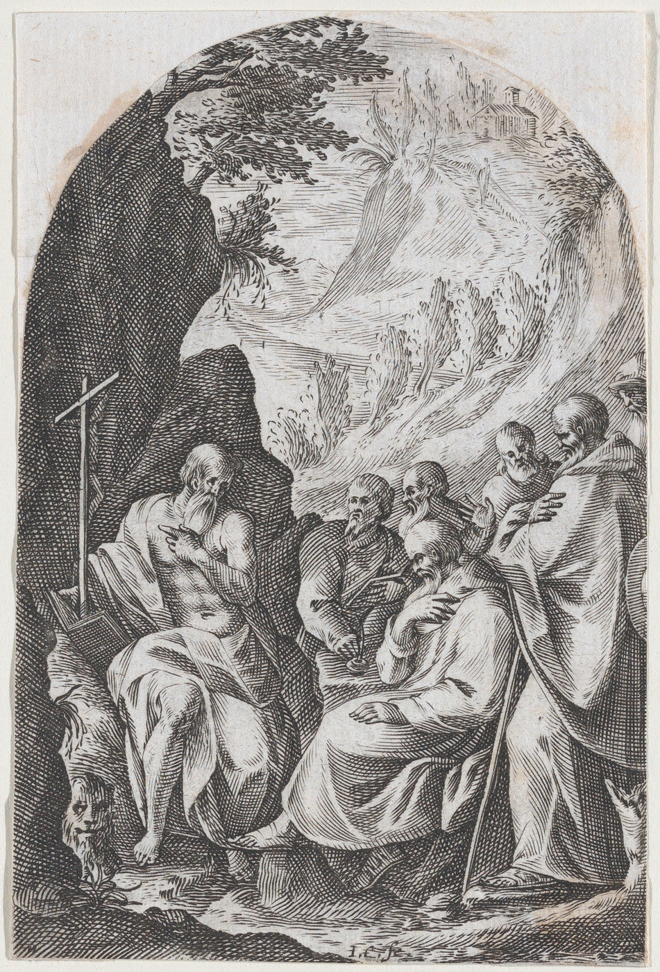 Etching of Religious Hermits in Wilderness