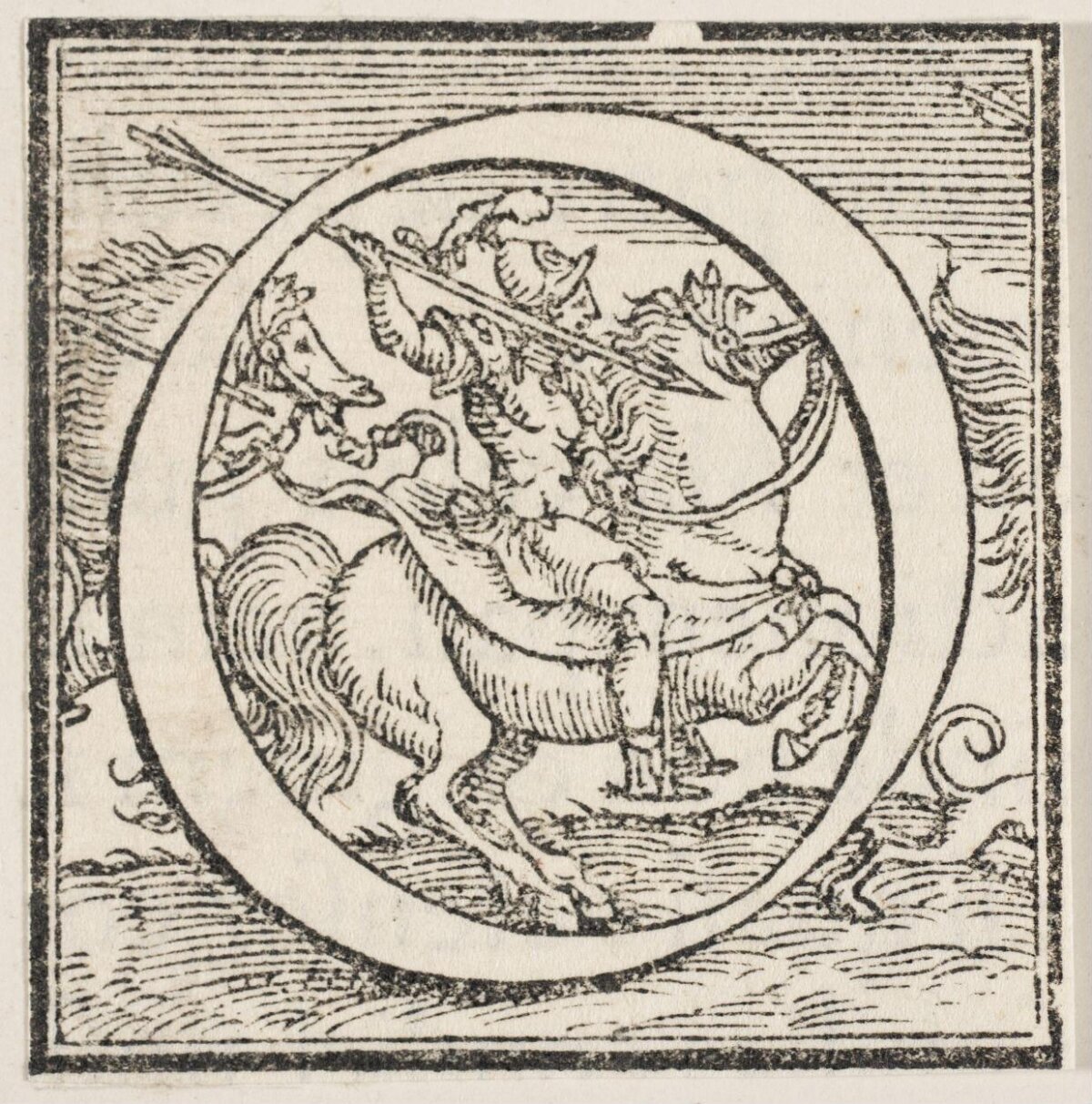 Woodcut Initial O With Mounted Knight