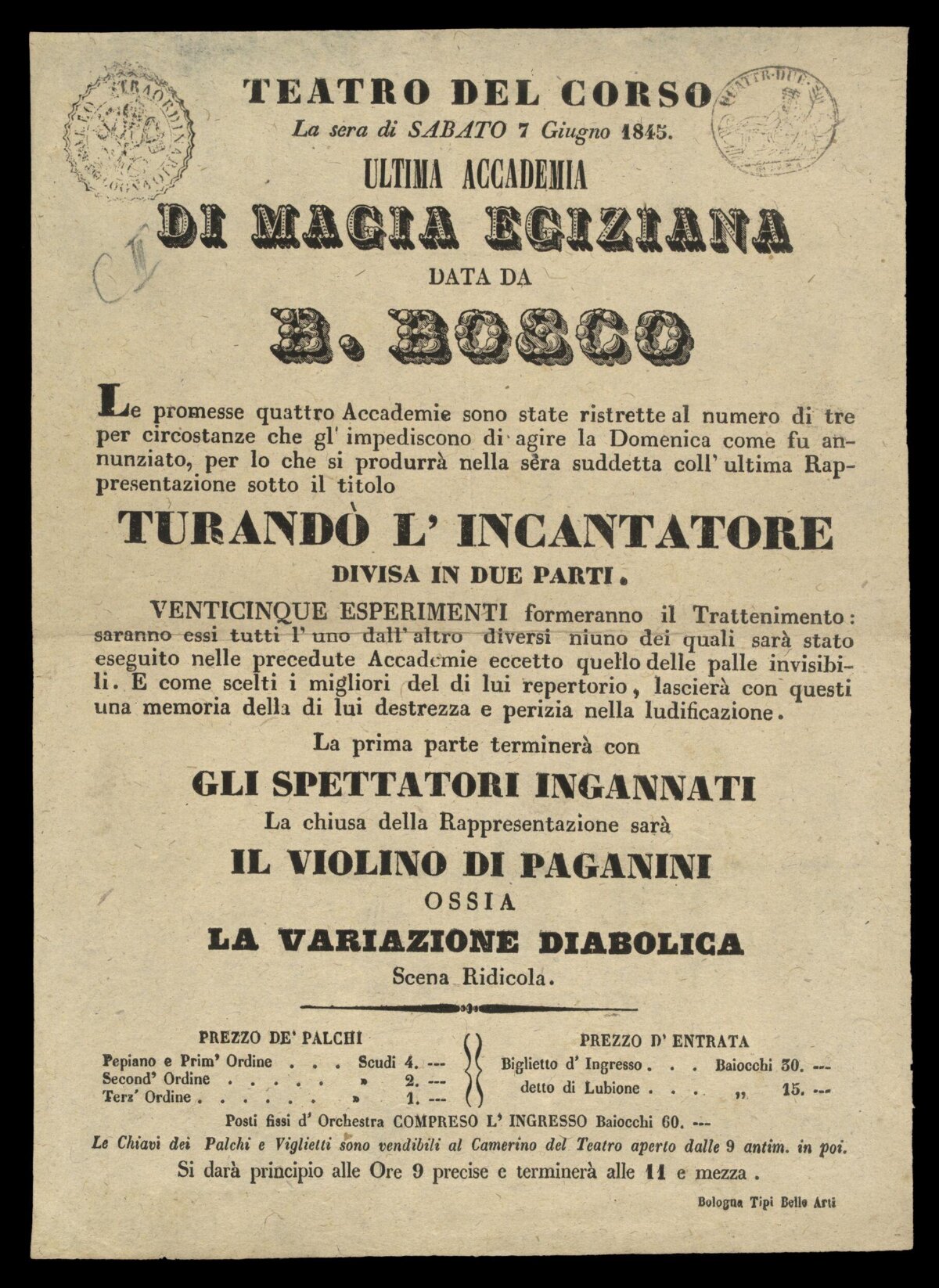 1845 Italian Magic Show Poster