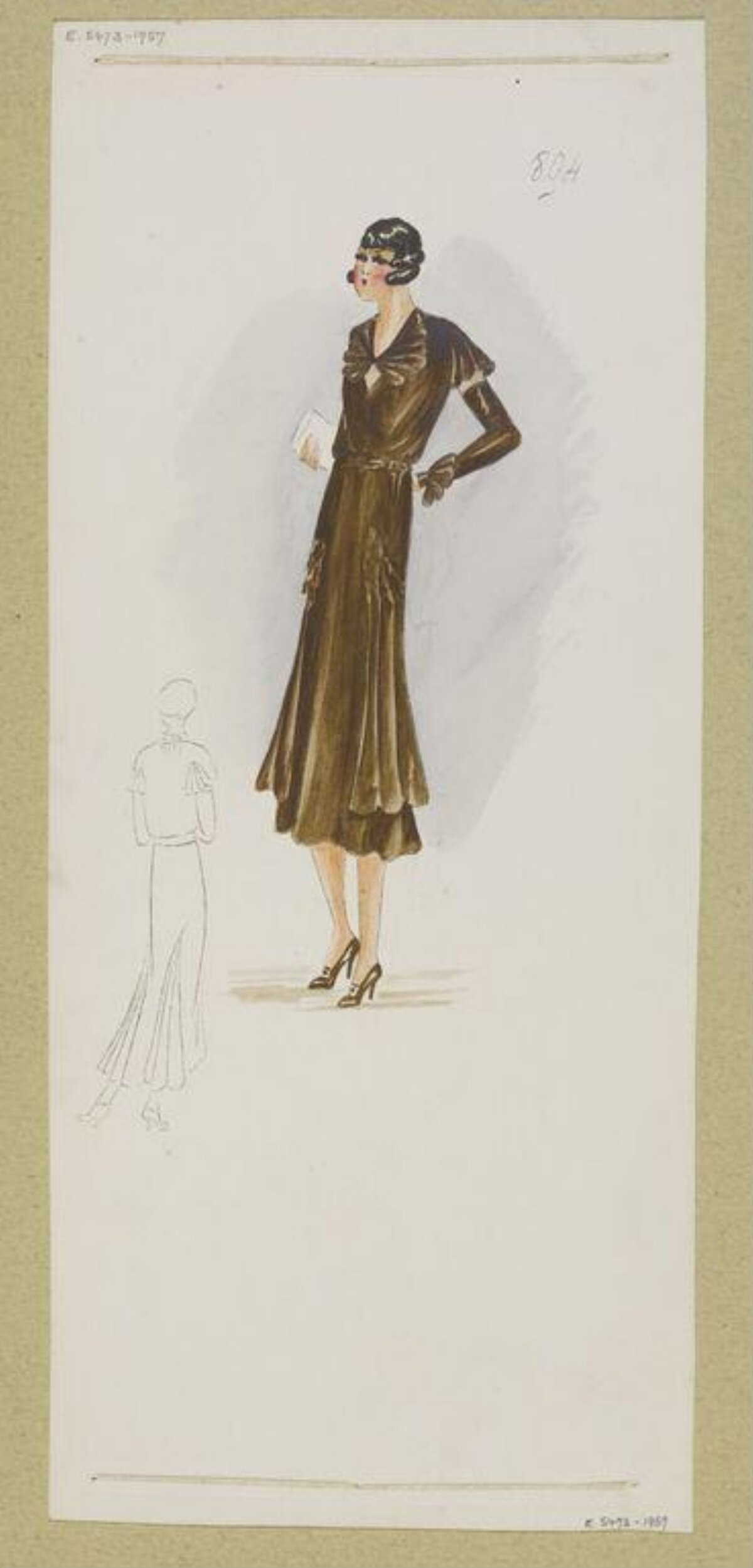 1930s Brown Dress Fashion Sketch