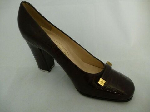 Brown Square Toe Block Heel Pump