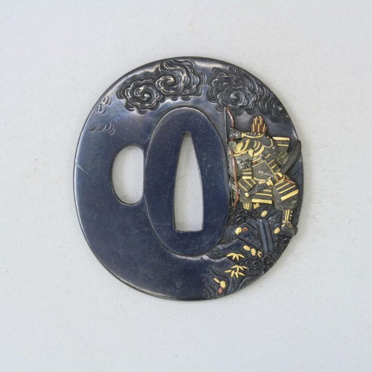 Japanese Sword Tsuba with Samurai Carving