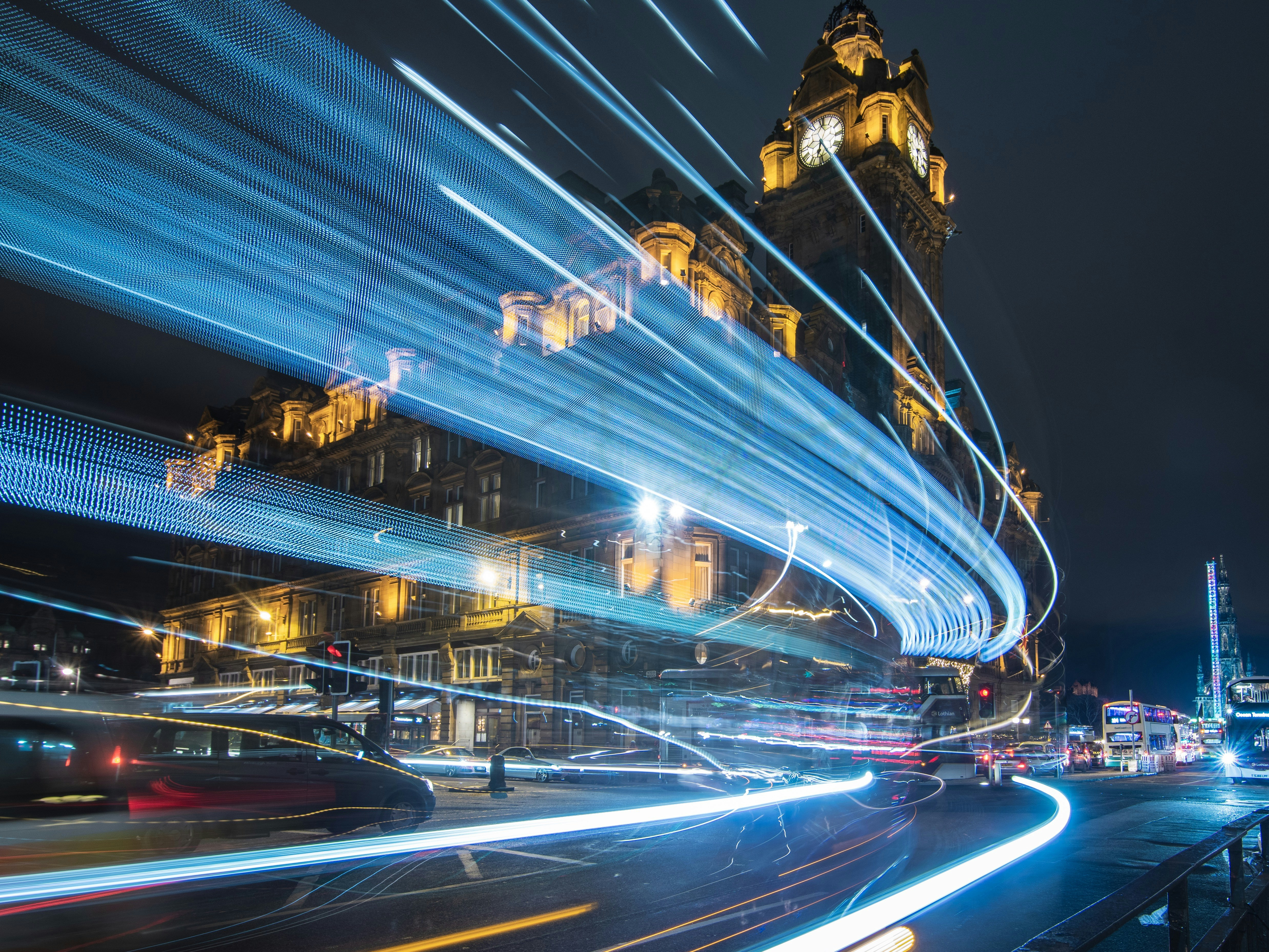 City Night Light Trails by Clock Tower