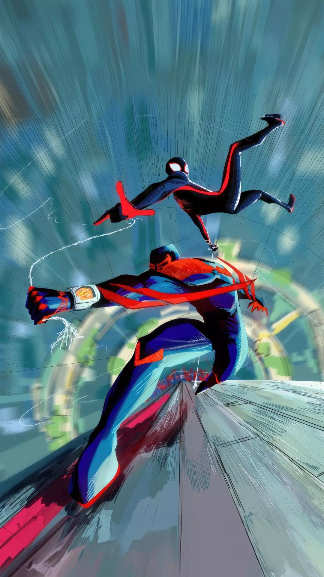 Two Spider-Men Rush Through a Tunnel