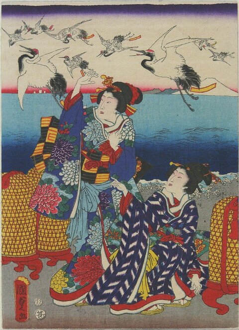 Ukiyo-e of Two Women Watching Cranes