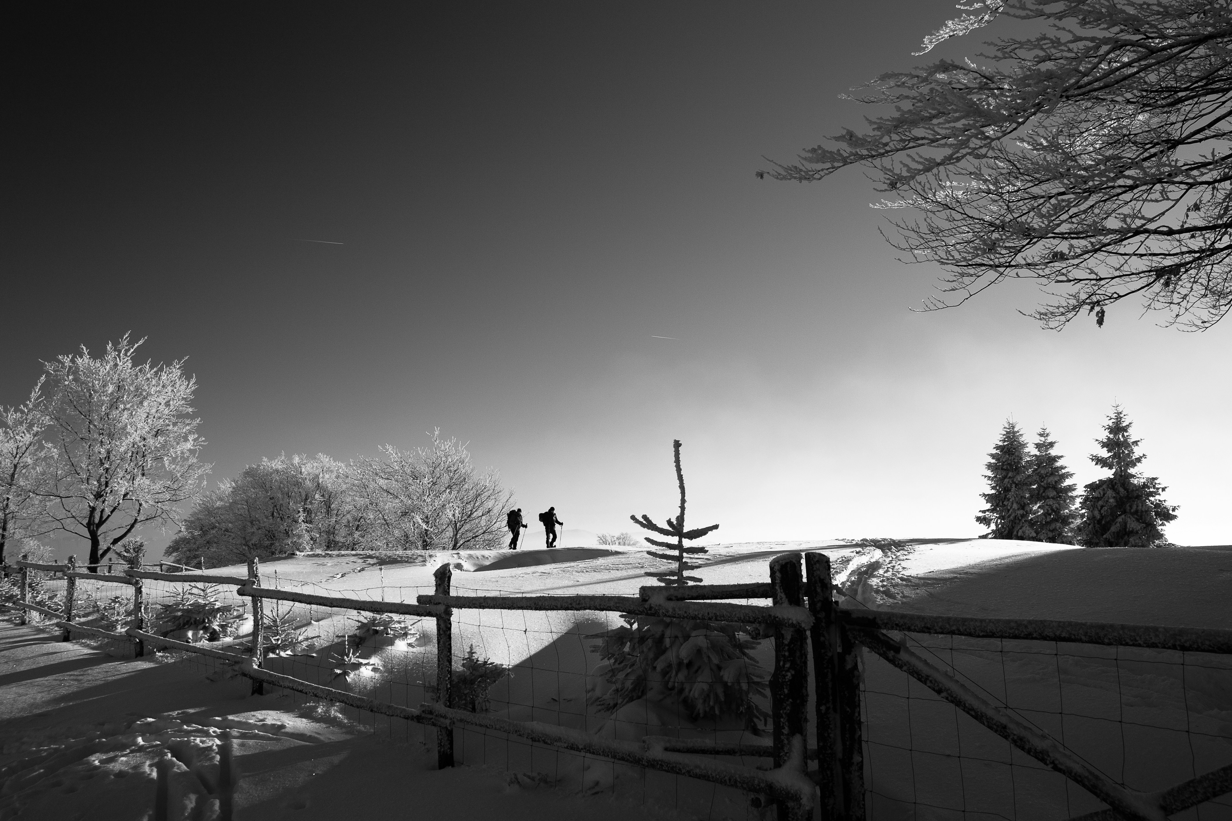 Two Hikers on Snowy Hillside