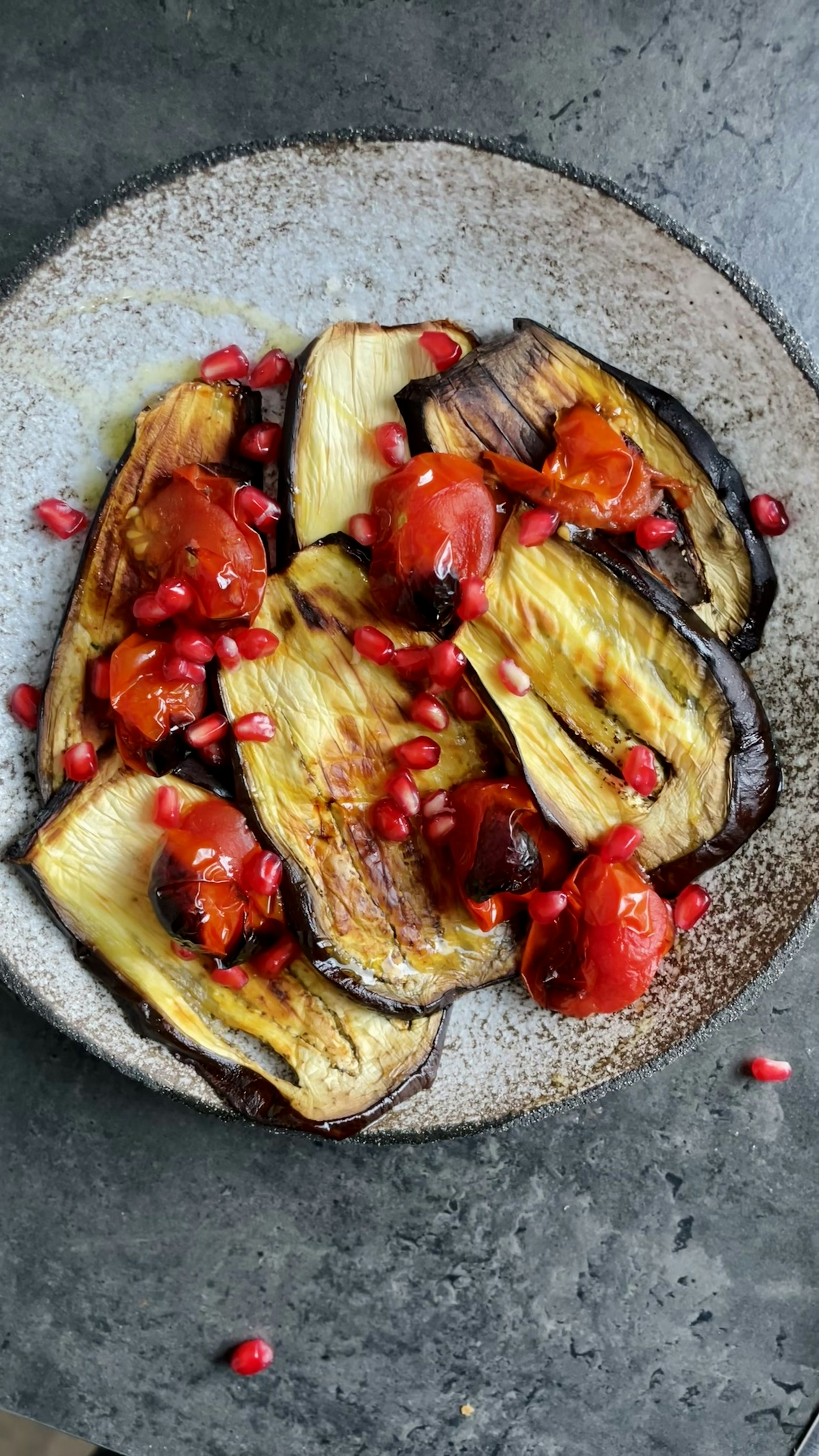Grilled Eggplant with Pomegranate and Tomatoes