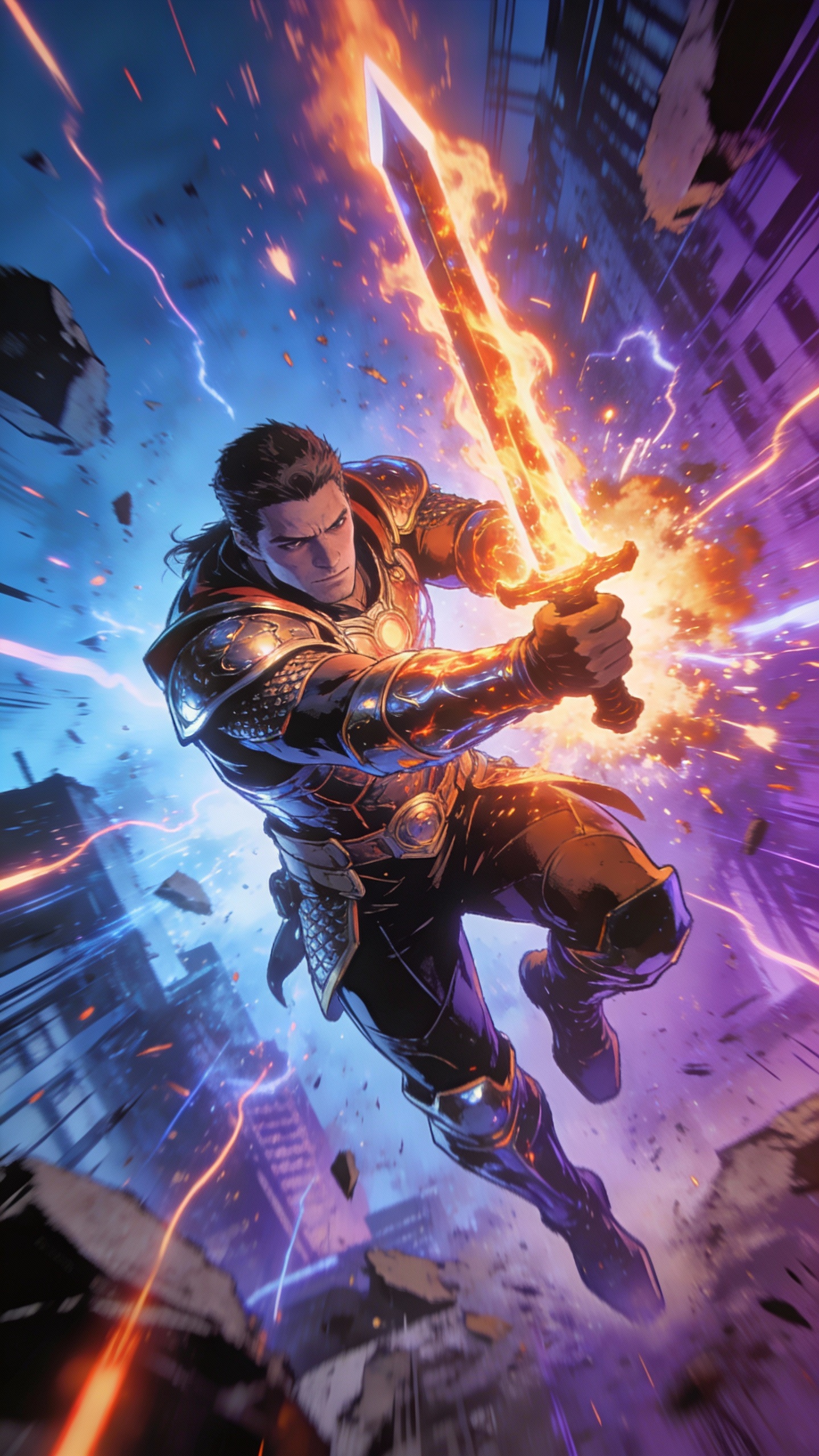 Armored Warrior with Flaming Sword in Ruined City