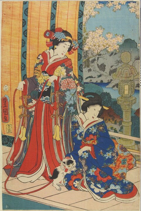 Japanese Ukiyo-e Two Women and Cat