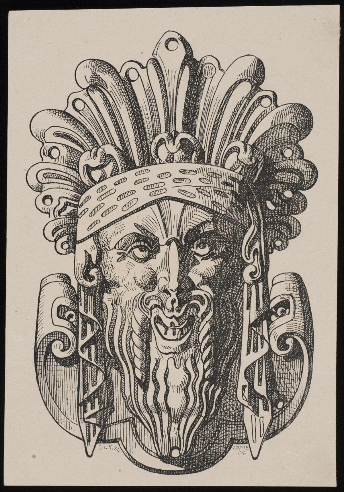 Ink Drawing of Ornate Grotesque Mask