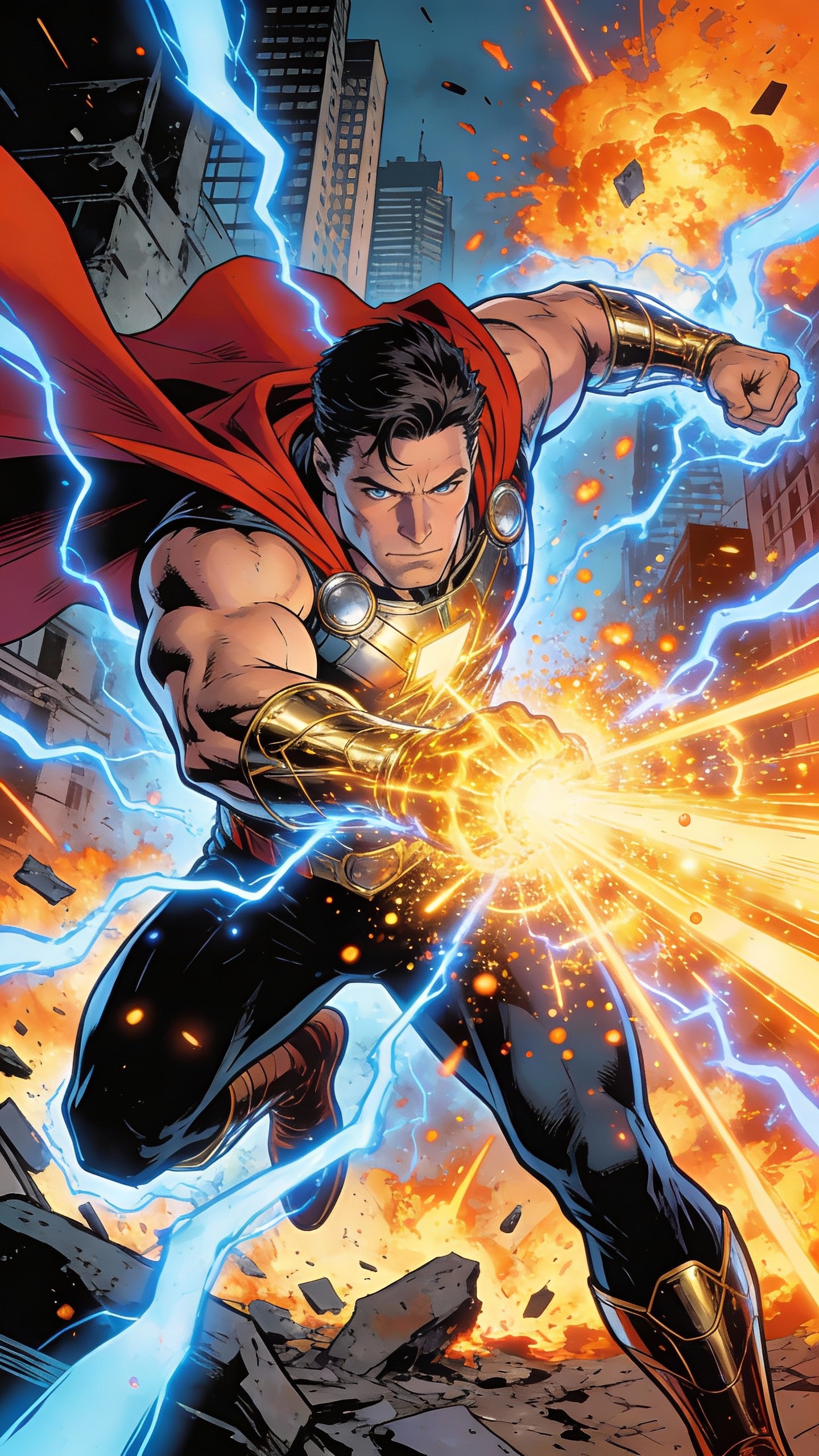 Comic Superhero Battle in Ruined City