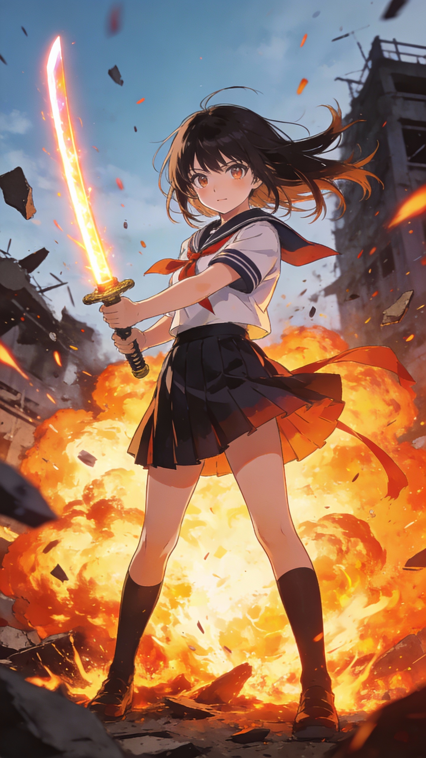Anime Schoolgirl With Fiery Katana