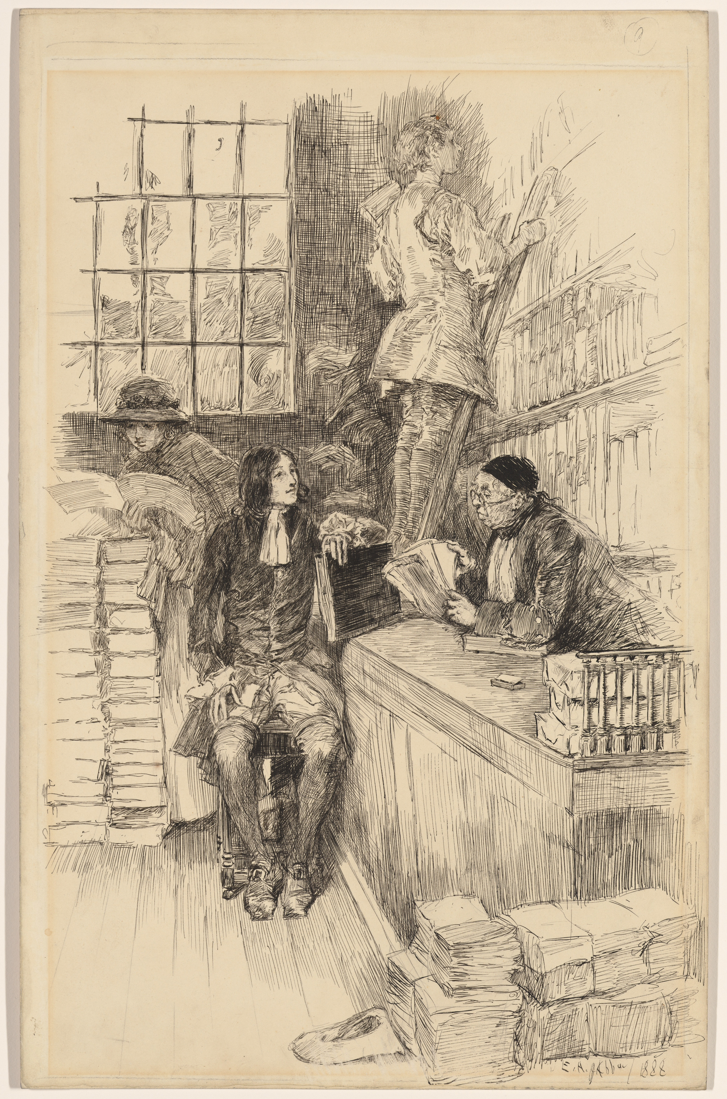 Pen Sketch of People in Old Book Shop
