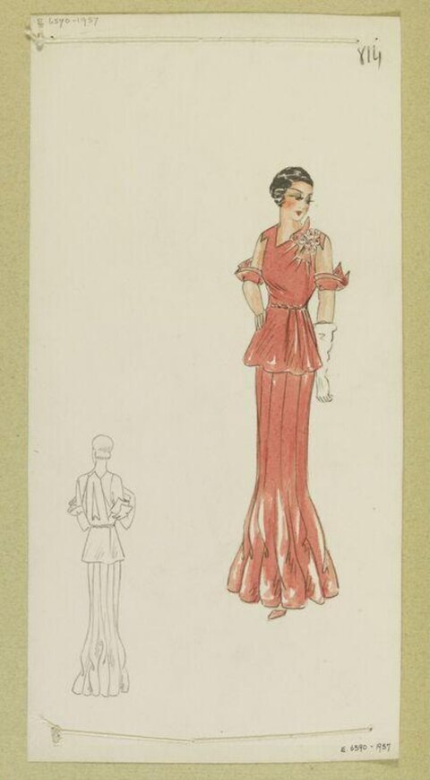 Vintage Red Evening Gown Fashion Sketch